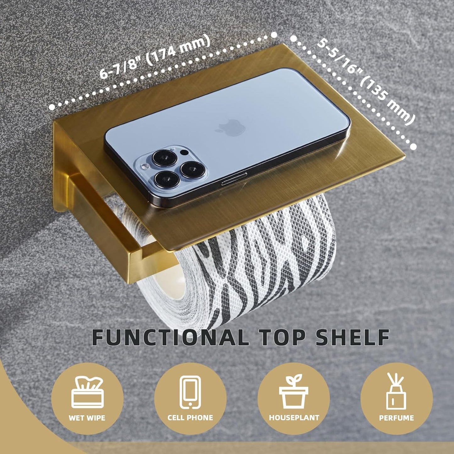 Angle Simple Toilet Paper Holder with Shelf, 304 Stainless Steel Bathroom Tissue Roll Holder for Wall Brushed Gold