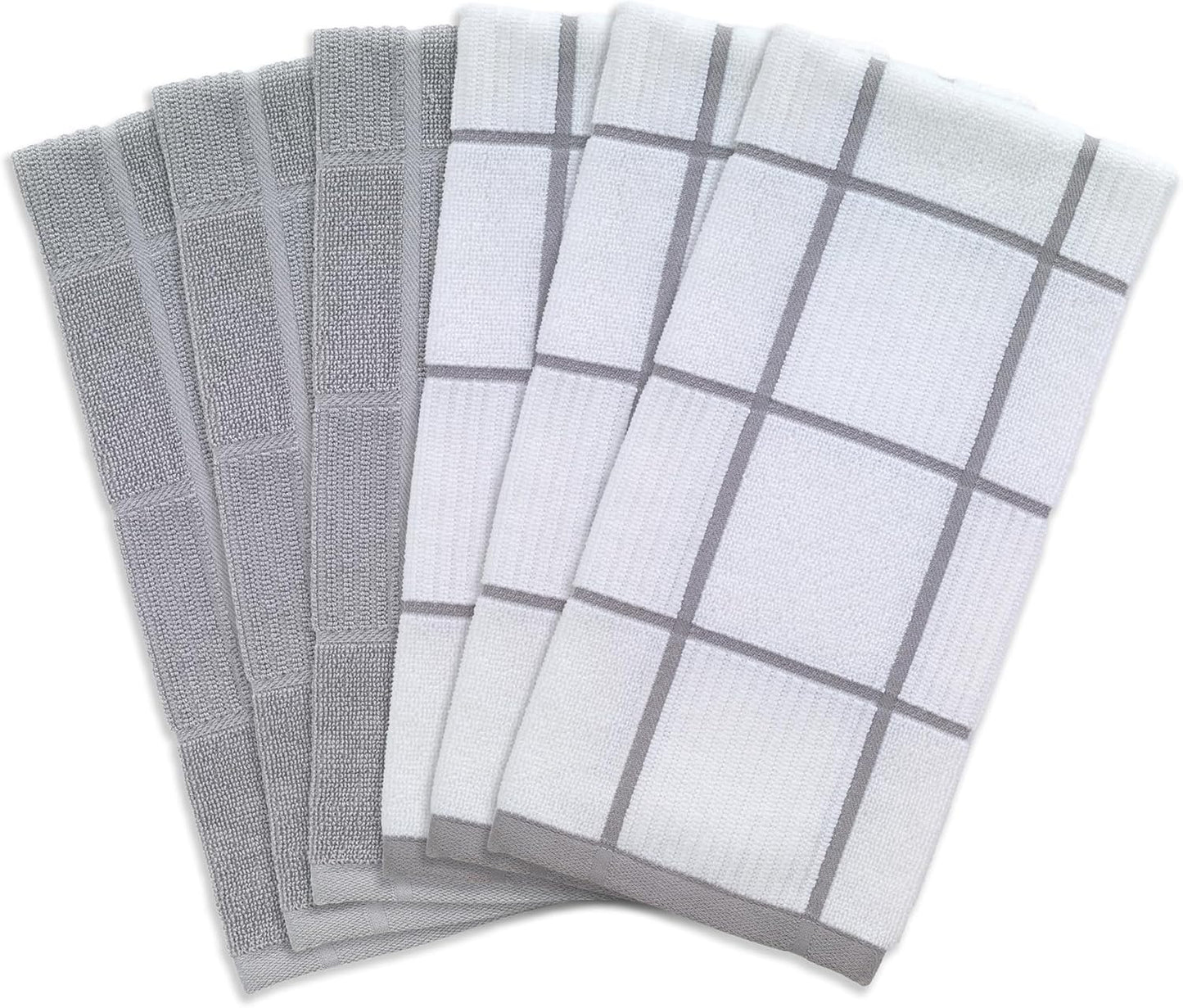 T-Fal Solid & Checked Parquet Kitchen Towels: Highly Absorbent, Super Soft Long Lasting - 100% Cotton, 16"x26" Dish Towels for Cleaning & Drying Dishes, Pans, Glassware, Countertops, 6-Pack, Gray