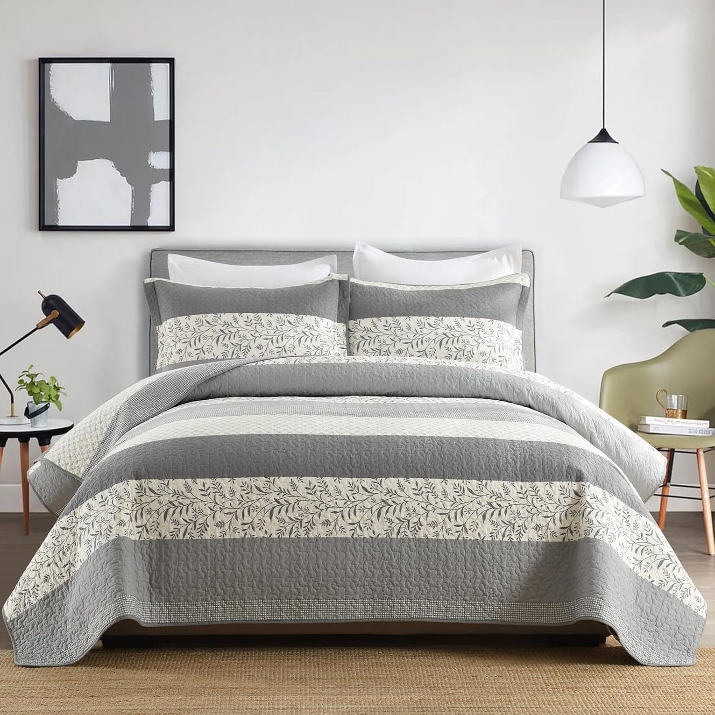 Stripe King Size Quilt - 100% Cotton Lightweight Quilt Bedding Set 3 Pieces, Vintage Vine Pattern Quilted Bedspread with 2 Pillow Shams, Farmhouse Printed Coverlet for All Season, Gray