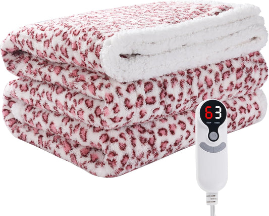 Electric Heated Blanket Full Size 72×84, 10H Auto Off & 6 Heating Settings Fluffy Ultra Soft Warmth Lightweight Cozy Plush Sherpa Machine Washable, Fast Heating, Home Office Leopard Print Pink & White
