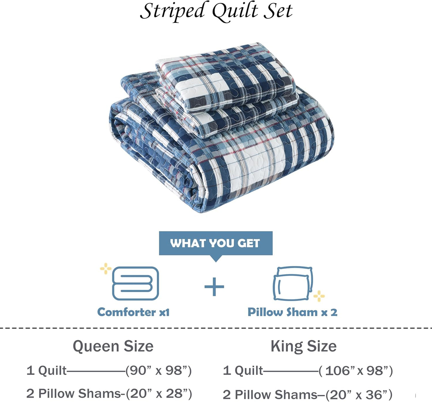 Quilts Queen Size, Cotton Queen Size Comforter Set, Blue White Striped Bedding Sets, Plaid Queen Bedspread,Striped Bed Set Lightweight Reversible All Season 3 Piece