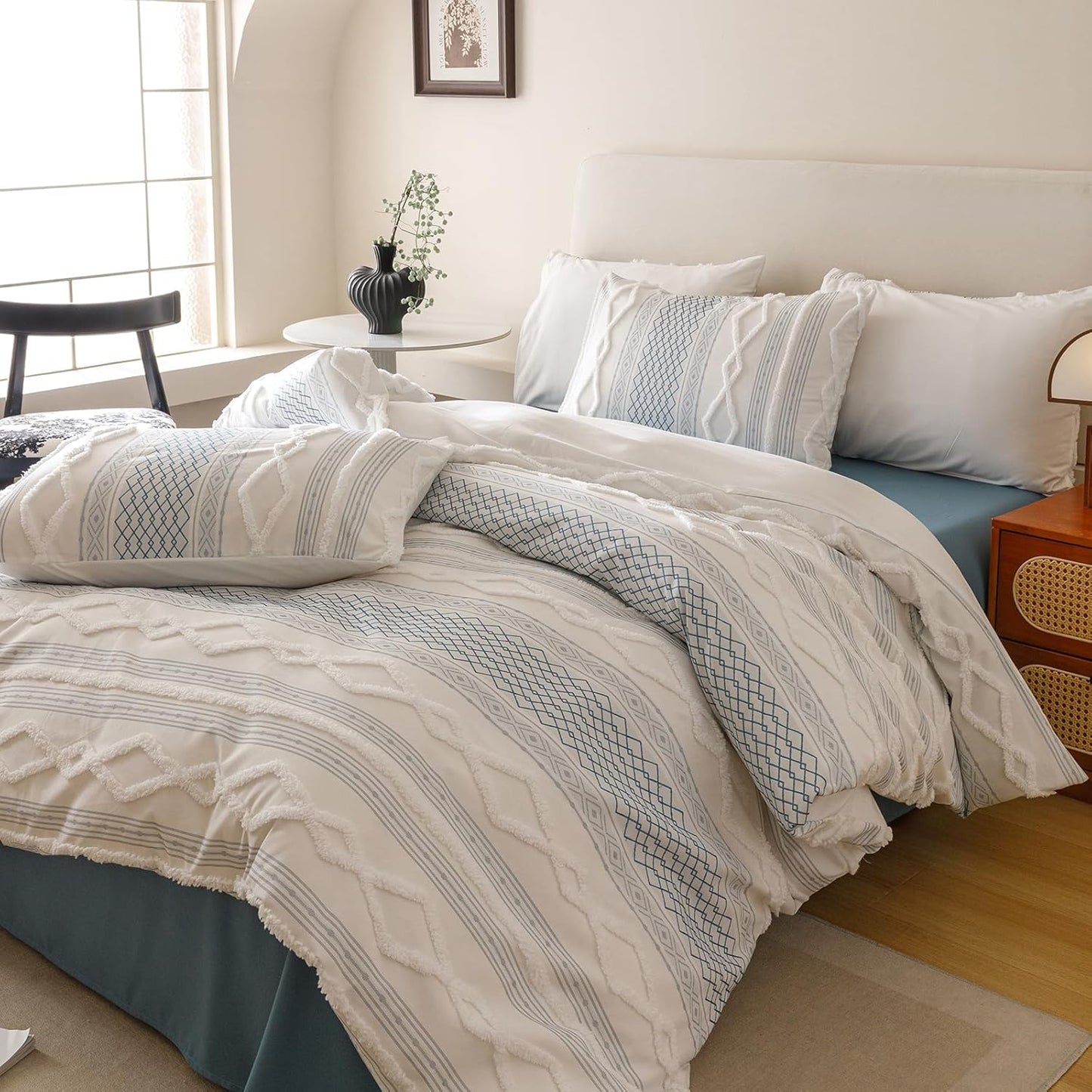 Cottonight White Blue Boho Comforter Set Full Farmhouse Tufted Bedding Set Soft Bohemain Shabby Chic Blanket Quilts Embroidery Rustic Luxury Soft 3PCS Bed Set for Women Men