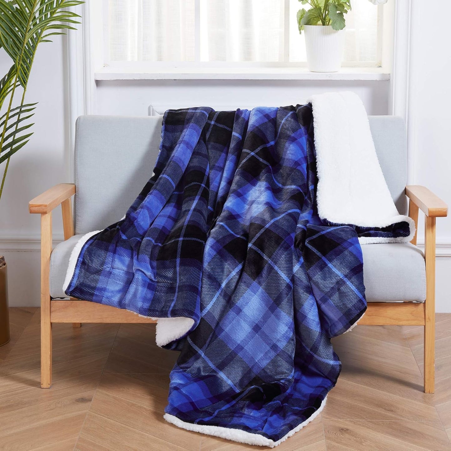 SOCHOW Sherpa Plaid Fleece Throw Blanket, Double-Sided Super Soft Luxurious Bedding Blanket 60 x 80 inches, Blue