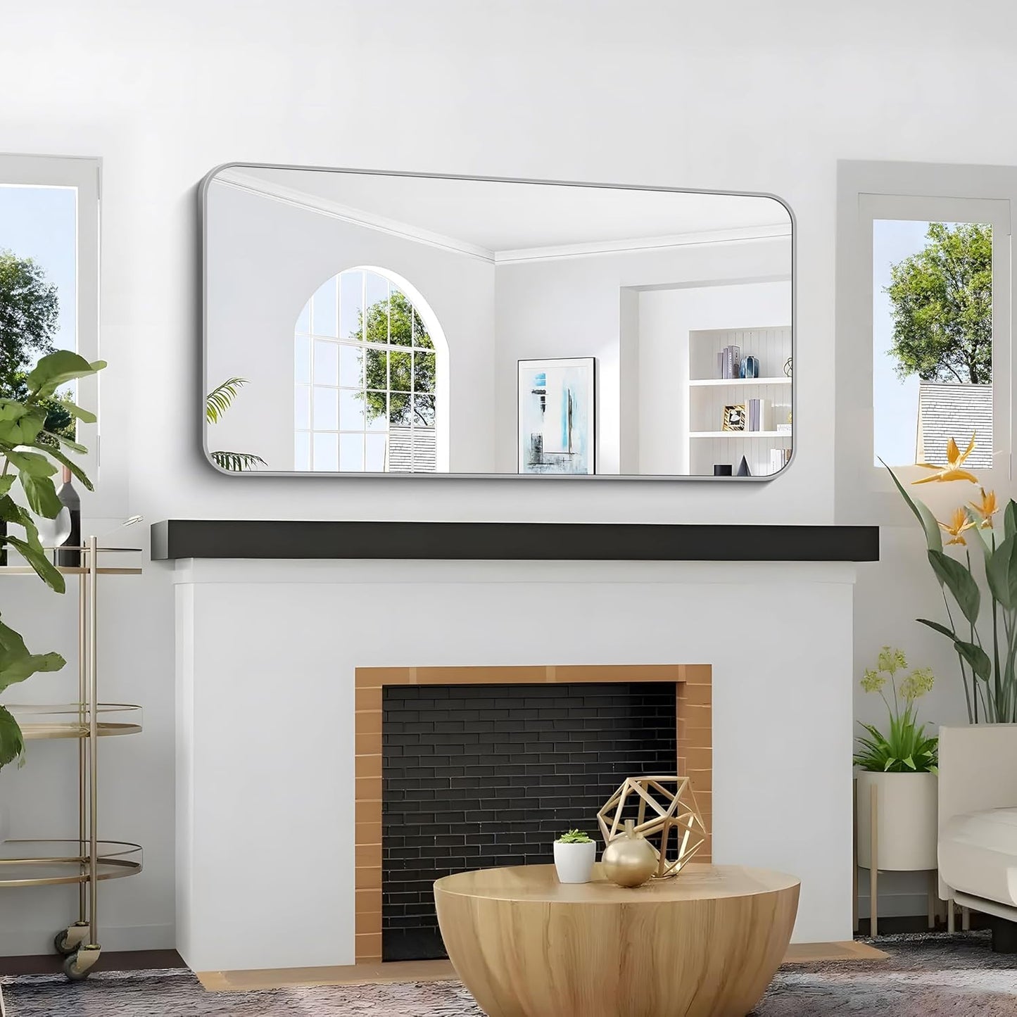 48x24 Inch Silver Bathroom Mirror, Metal Framed Silver Rectangle Mirror, Rounded Rectangular Vanity Mirror, Wall Mounted Mirrors for Living Room Bedroom Entryway Hangs Horizontal or Vertical