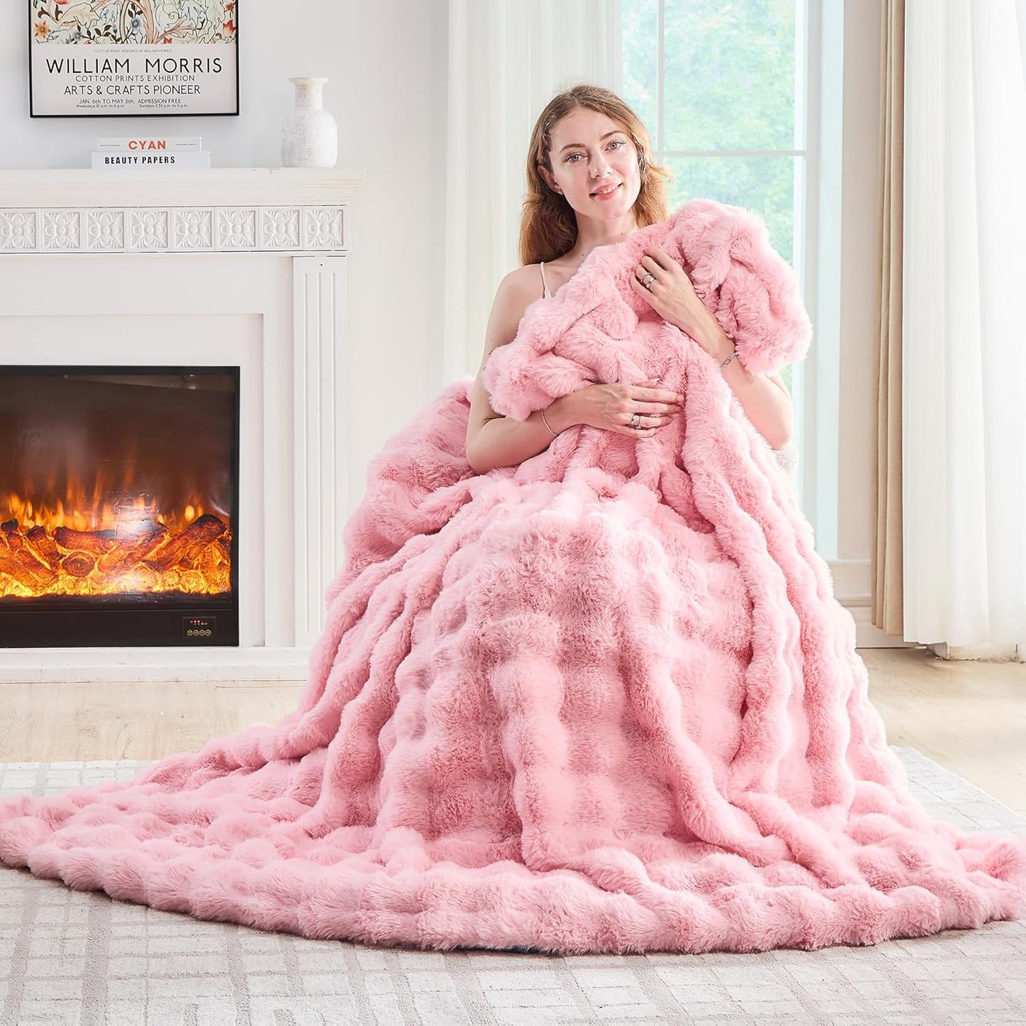 Pink Faux Fur Throw Blanket Soft Plush Fluffy Bubble Texture Cozy Blanket for Couch Bed Sofa Warm Thick Luxury Home Decor Gift for Women Mom Girlfriend (King Size 108''x90'', Pink)
