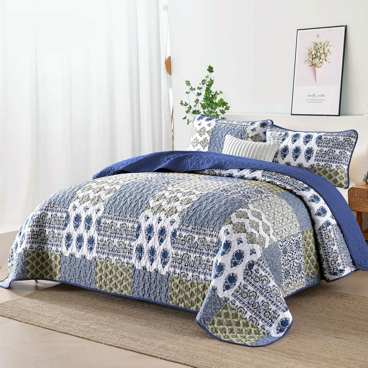Mybedsoul Blue Quilt Set King Size 3 Pieces Boho Plaid Aqua Blue Floral Bedspread Set Microfiber Lightweight Bohemian Bedding Set for All Season (1 Quilt + 2 Pillow Shams) 90"x104"