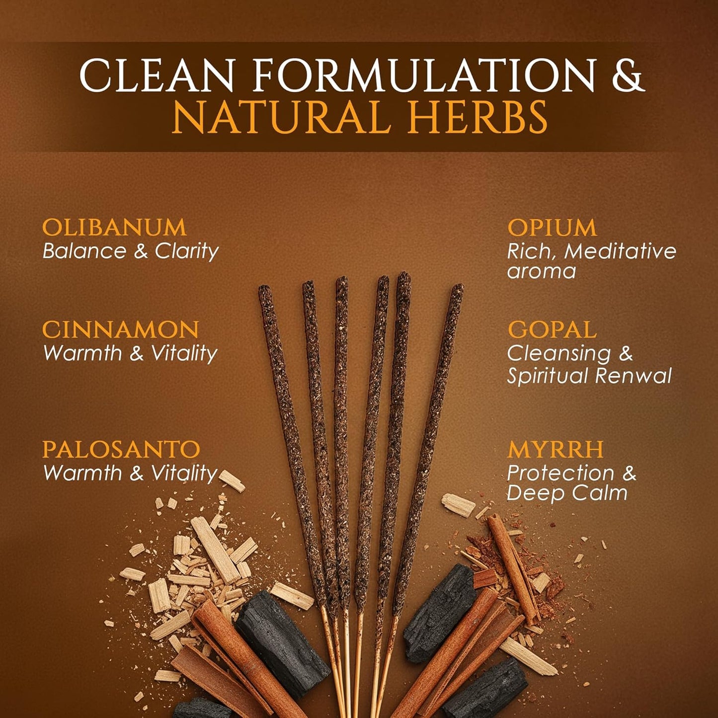 Himalayan Smudge Incense – 6 Fragrant Scents: Palo Santo, Copal, Myrrh, Cinnamon, Opium, Olibanum | 60 Sticks + 6 Dhoop | Masala Blend with Resins, Herbs & Essential Oils | Handcrafted