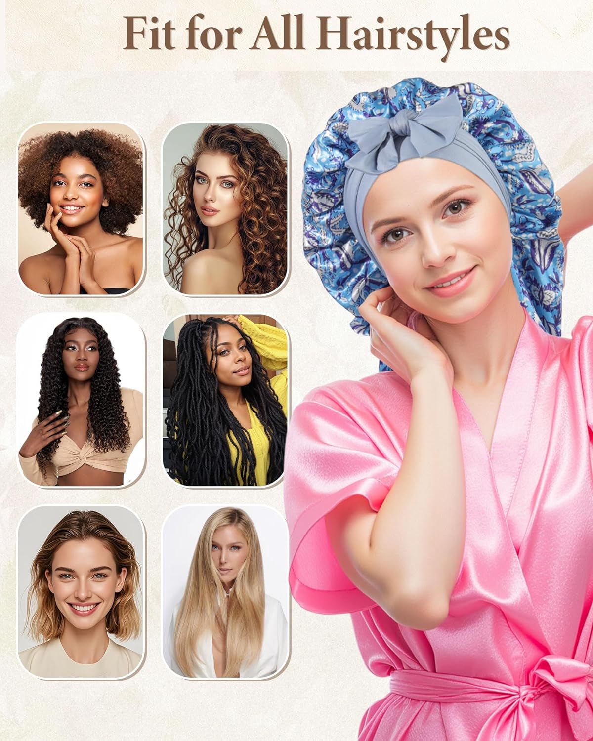 AWAYTR Long Satin Bonnet for Sleeping, Reversible Double Layer Hair Bonnet with Elastic Tie Band (Ethnic Floral Print+Blue)