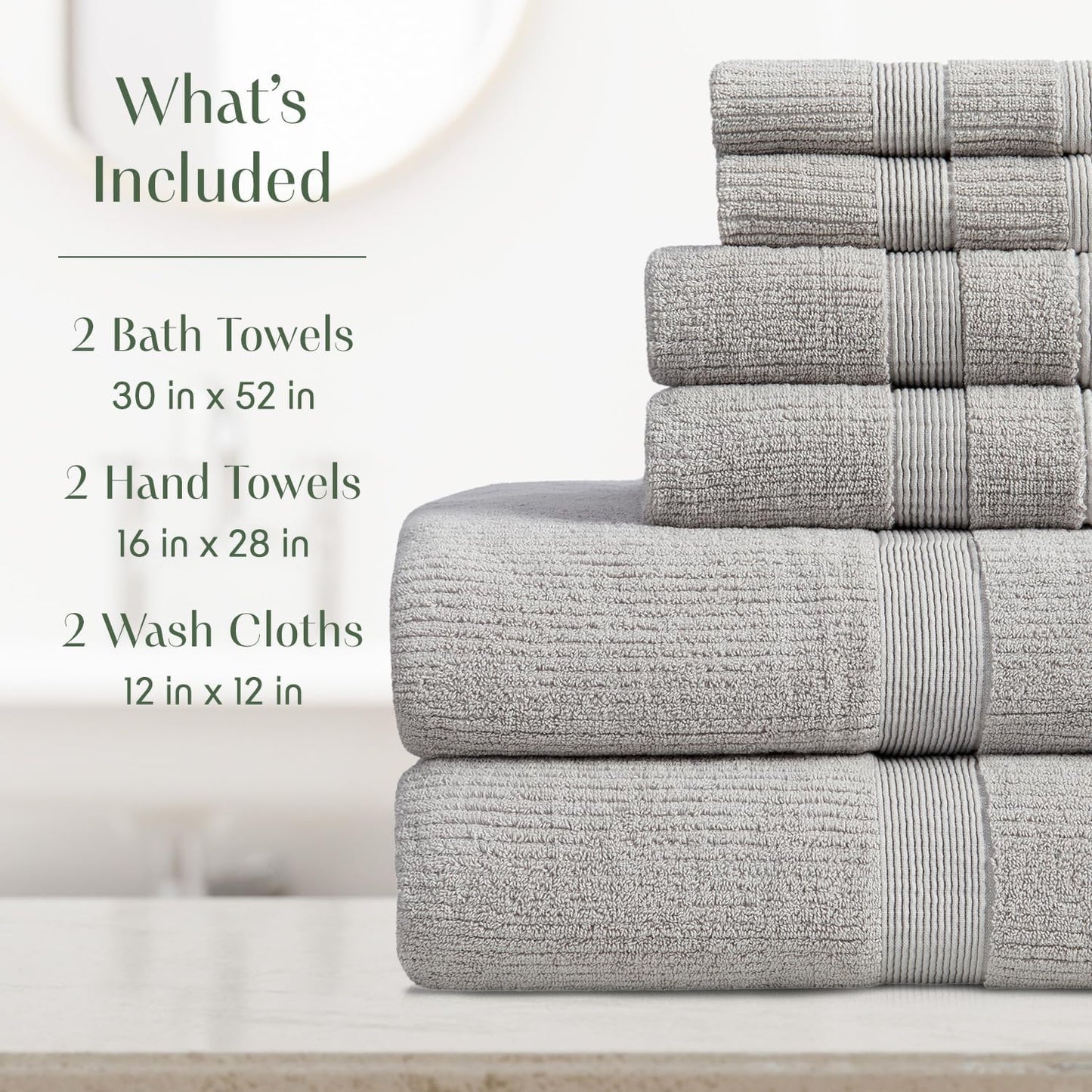 Springtree Home Grey Bath Towels Set of 6 | Ribbed Textured | 100% Combed Cotton | Absorbent Quick-Dry Gray Towels for Bathroom | Oeko-TEX® Standard 100 Cotton | Mauro Collection - High Rise Grey