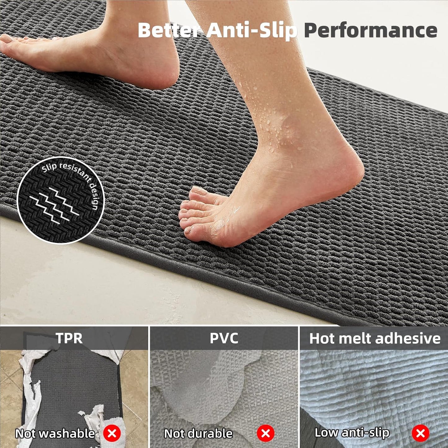 Bathroom Runner Rugs, Long Bath Mat Runner Washable Thin Quick Dry Low Pile Bathroom Runner Rugs Non Slip, Dark Grey 24"x70"