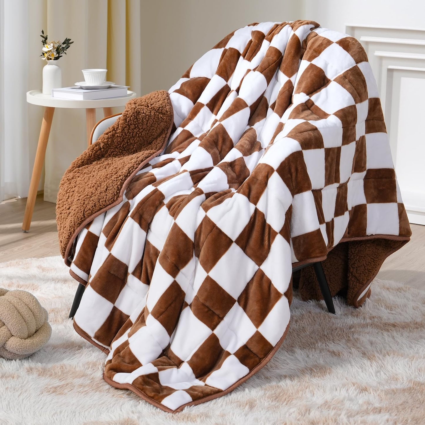 Cottonblue Checkerboard Weighted Blanket for Adults Twin Size 15 lbs 48" x 72", Fluffy Sherpa Flannel Heavy Weighted Throw Blankets for Bed Couch Sofa, Ultra Soft Cozy Bed Blanket, Plaid Khaki