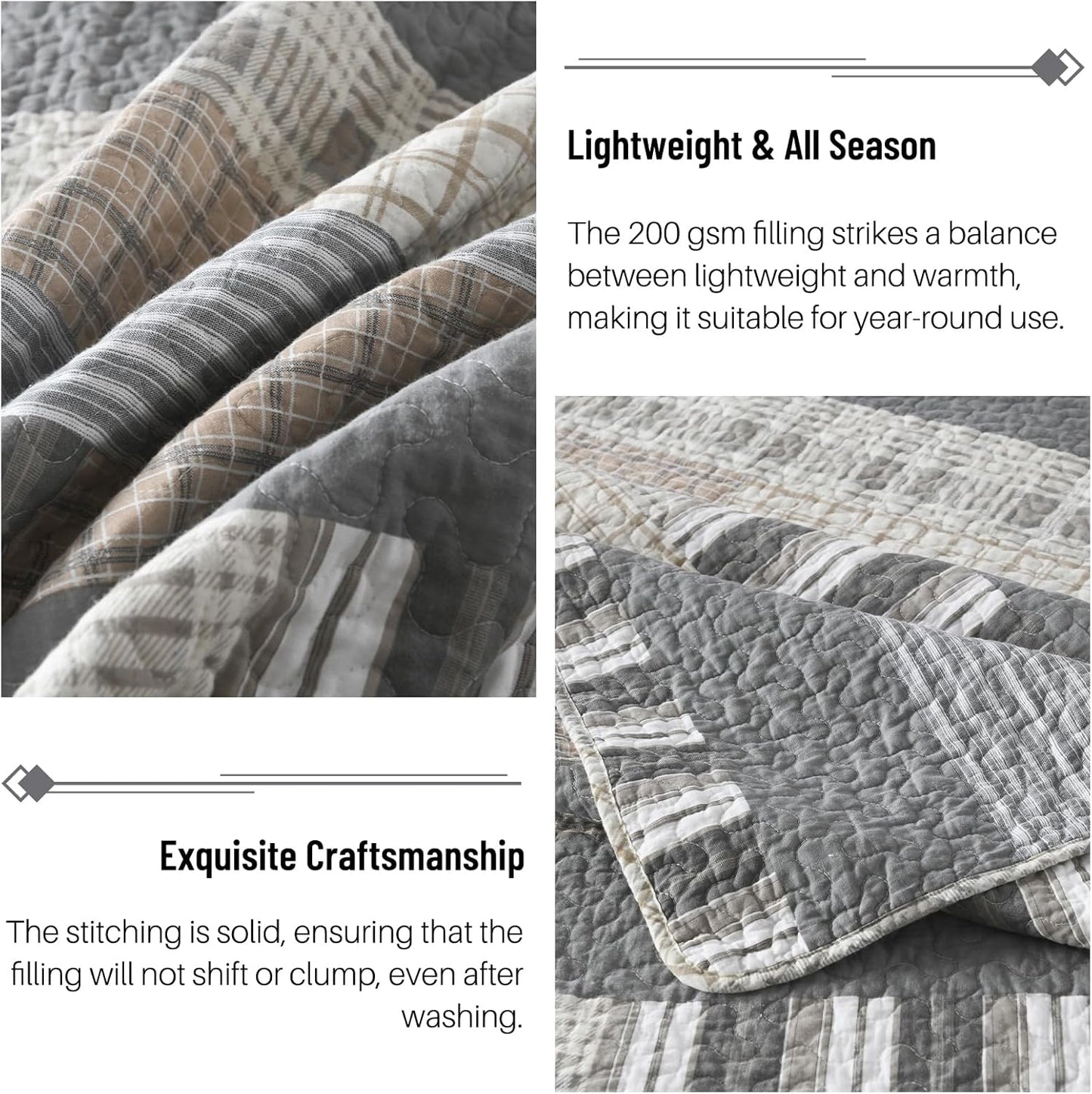 Farmhouse King Quilt Set - 100% Cotton Patchwork Striped Plaid King Size Quilt Bedspread, Grey Brown Beige Lightweight Reversible Coverlet Bedding Set with 2 Pillow Shams, All Season-98x90