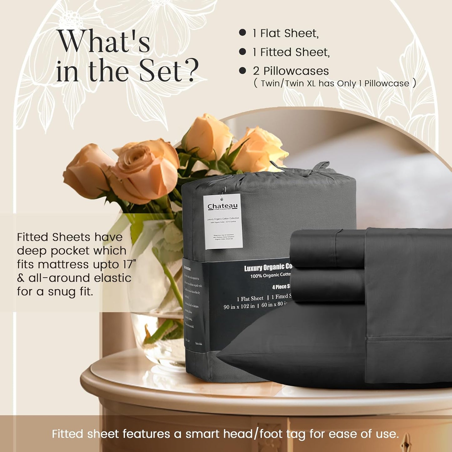 Organic Cotton Sheets Queen Sheet Set Deep Pocket,100% Cotton Bed Sheets Queen Size Set, No Pill Soft & Comfy Naturally Cool Breathable Elasticated Sheet & Pillowcase Sets- Charcoal