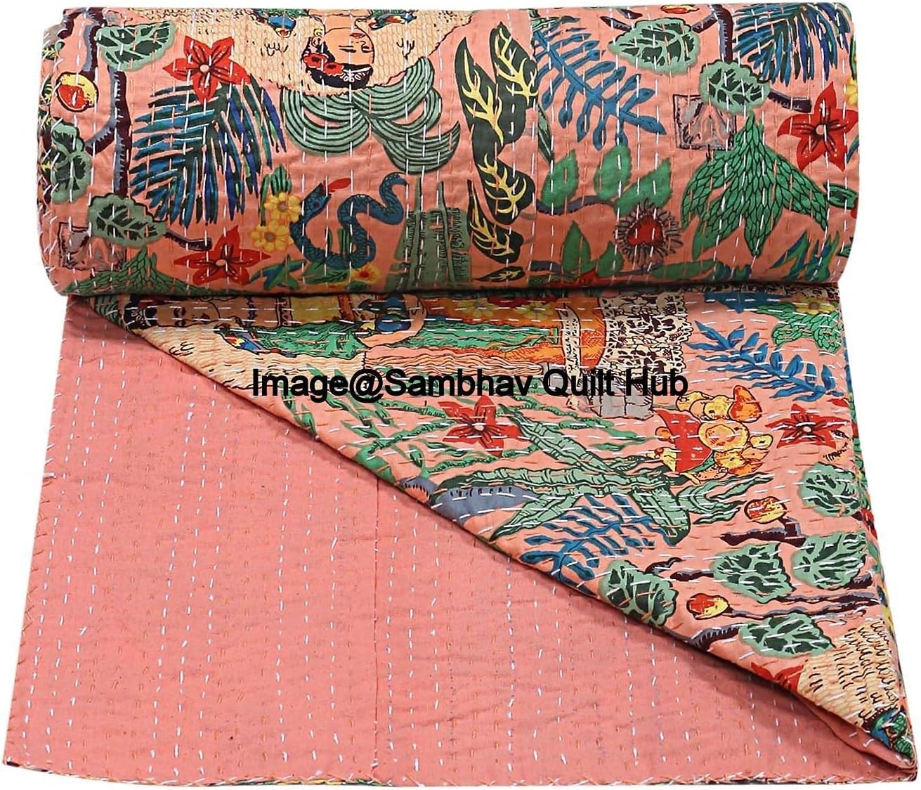 Floral Printed Cotton Quilted Blanket Indian Handmade Bedspread Kantha Work Bohemian Bed Decor Throw Blanket Twin/King/Queen (60X90 inches)