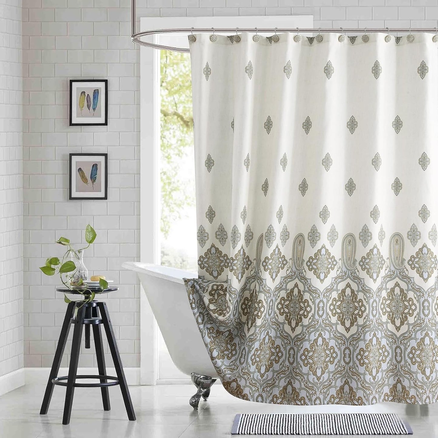 Fabric Shower Curtain, Ivory Taupe Blue Moroccan Paisley Pattern Shower Curtains for Bathroom, 72" W x 72" H