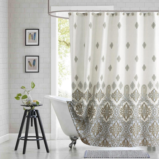 Fabric Shower Curtain, Ivory Taupe Blue Moroccan Paisley Pattern Shower Curtains for Bathroom, 72" W x 72" H