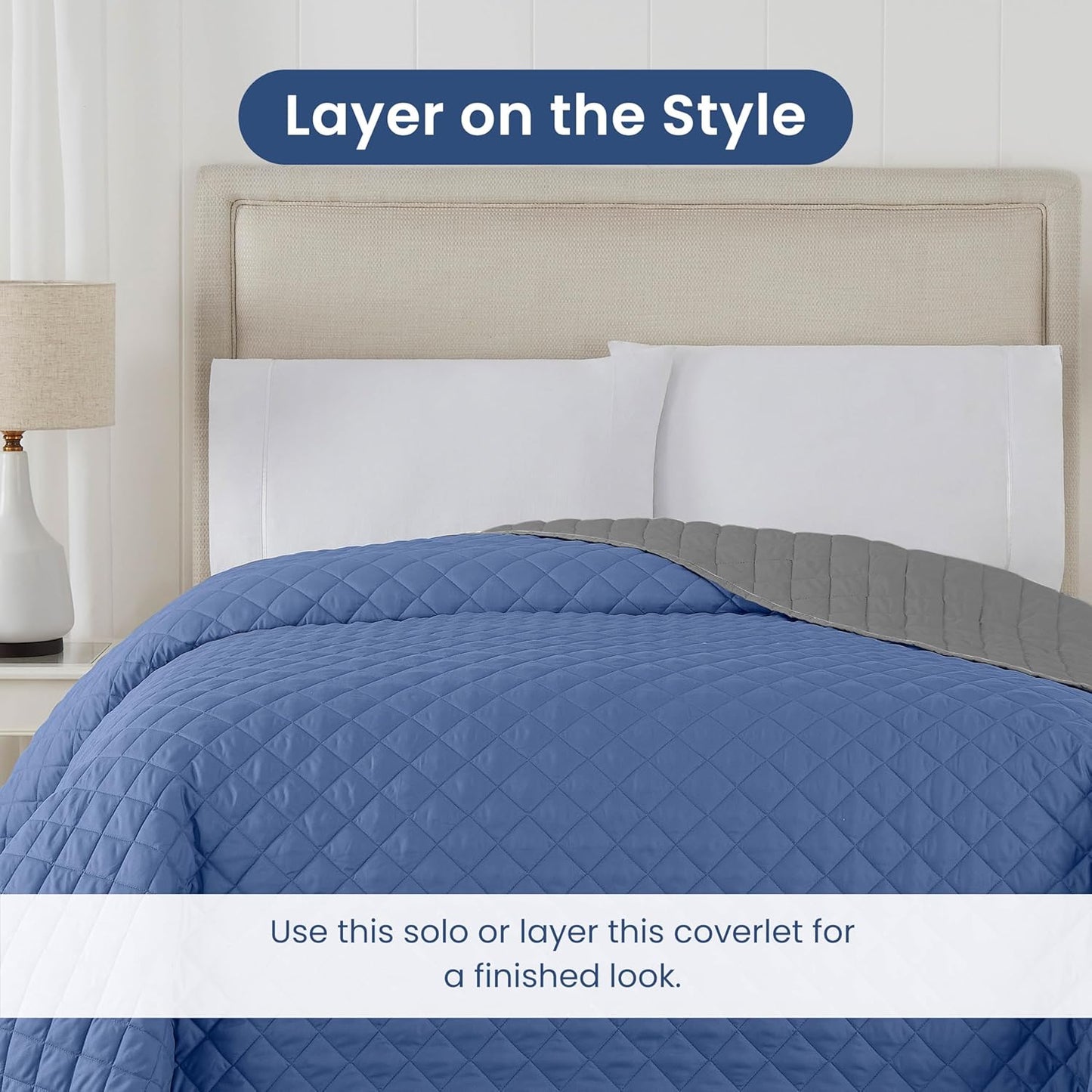 Martex Reversible Coverlet – Twin Bed Quilt – Lightweight Twin Size Bedding – Durable Quilts for Bed – Soft - Easy Care Bedding – Ceil Blue/Gray