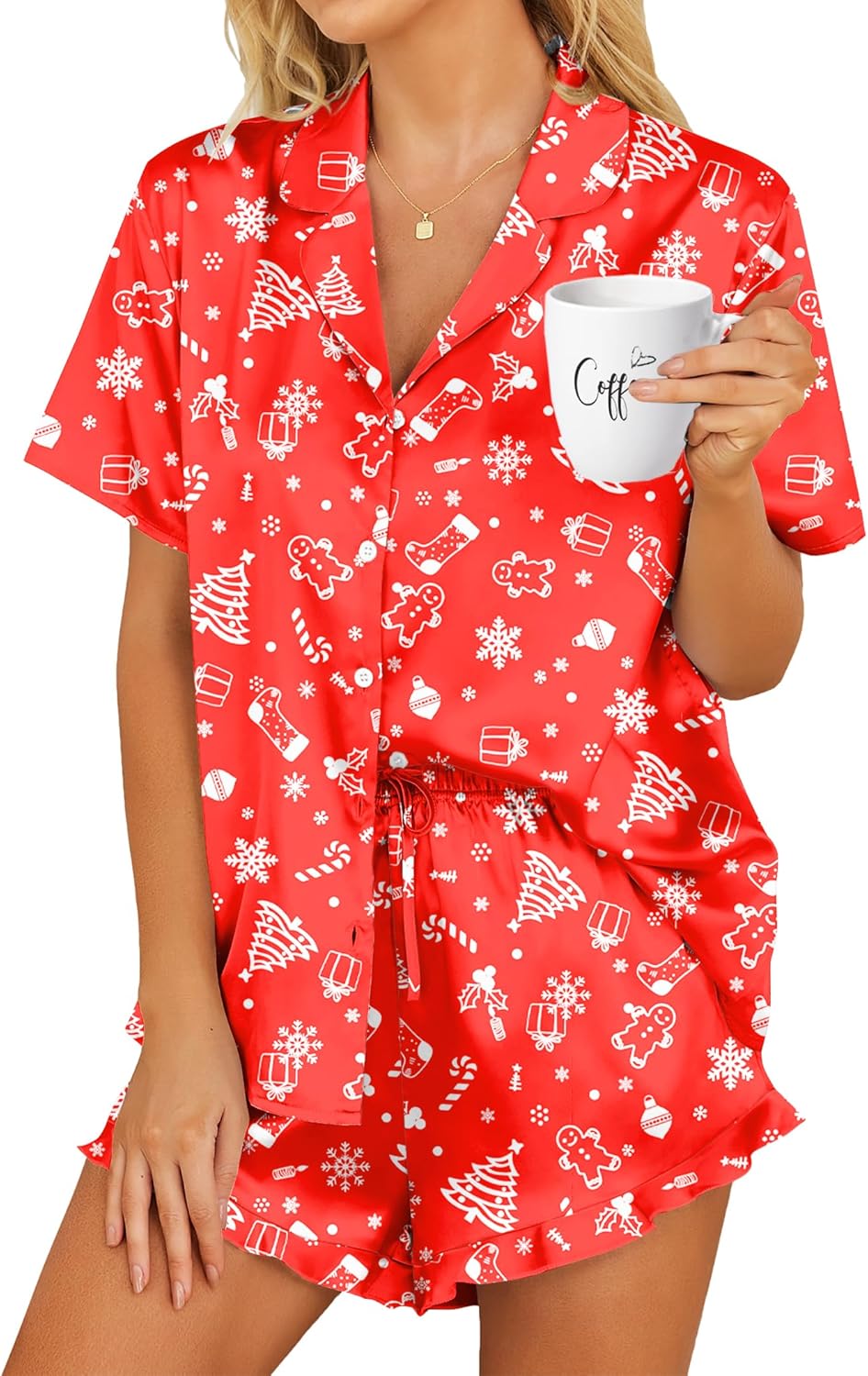 HOTOUCH Womens Satin Pajamas Set Button Down 2 Piece Silk Pjs Shorts Set Ruffle Lingerie Notch Collar Sleepwear