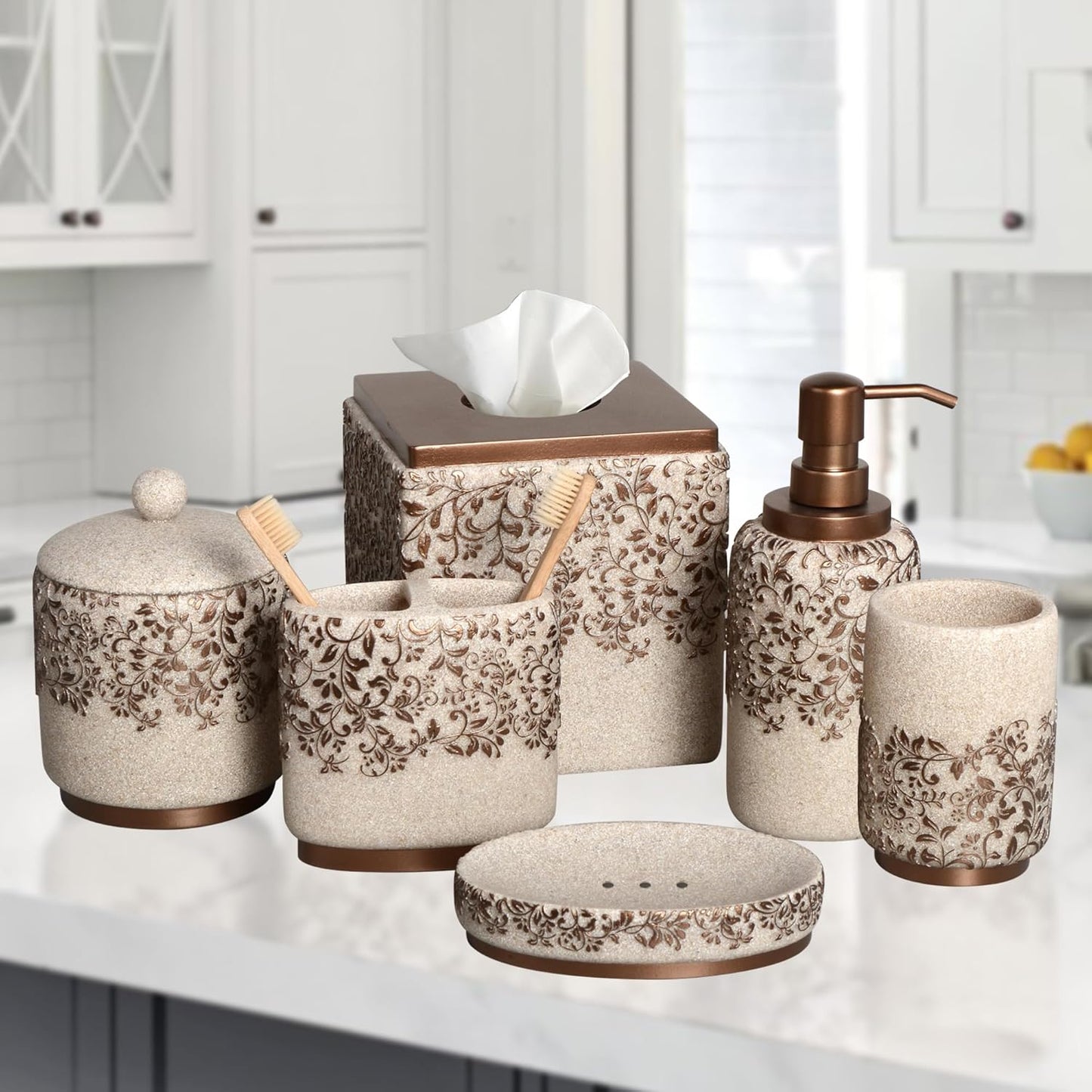 Decozen Bathroom Accessories Set 6Pcs – Soap Dispenser, Toothbrush Holder, Tumbler, Soap Dish & Cotton Swab Jar – Modern Bathroom Decor, Bath Set for Christmas Decor