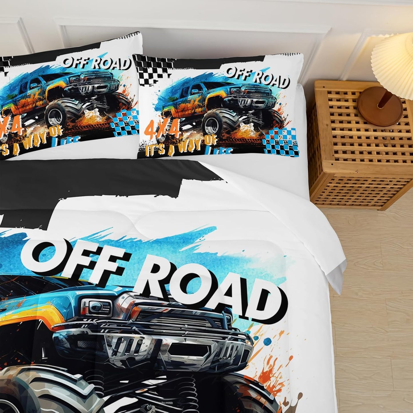 Off Road Truck Comforter Queen Size for Boy，Off Road Truck Bedding Queen Size，with 1 Comforter with 2 Pillow Case，Off Road Truck Bedroom Decor