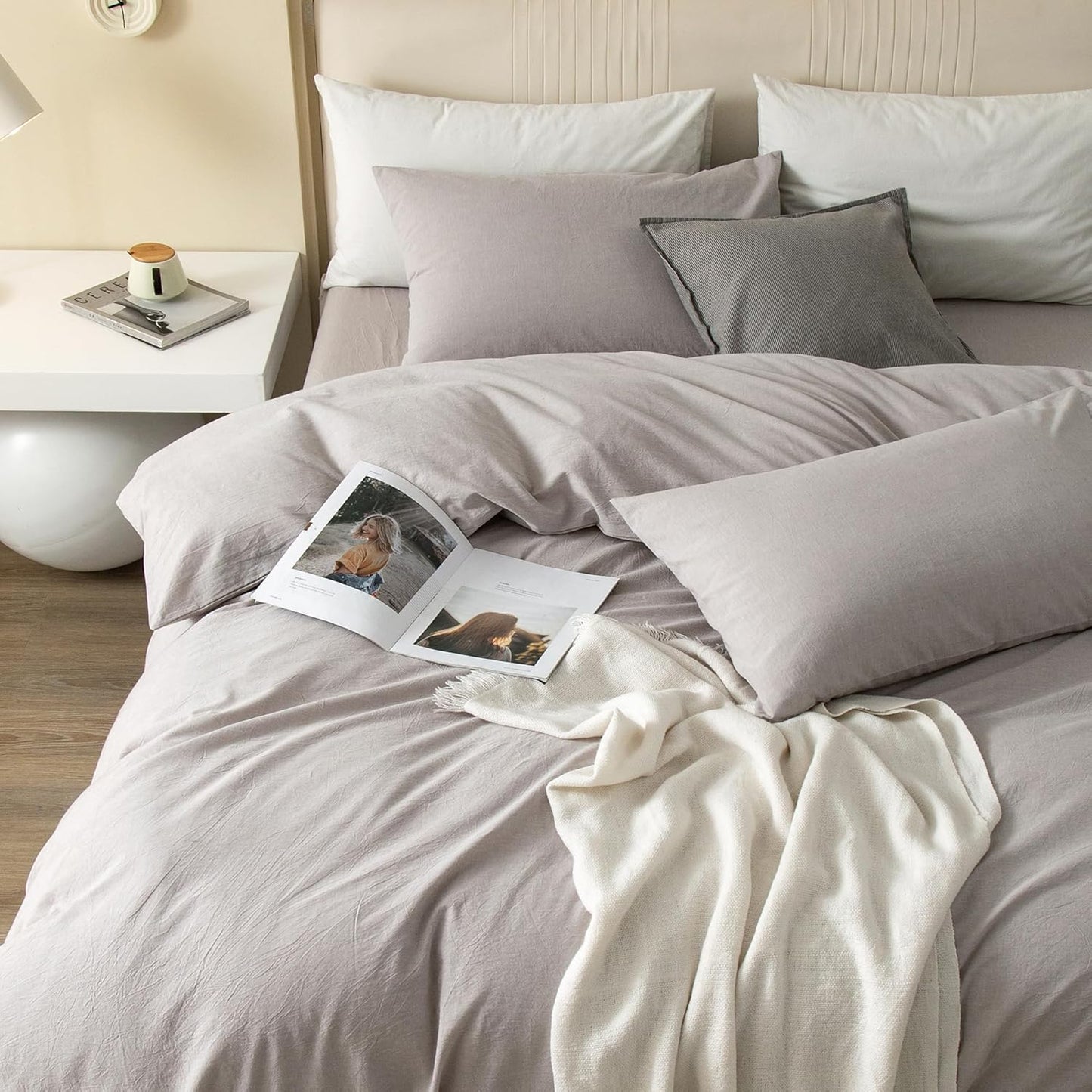 JIYUAN 100% Washed Cotton Duvet Cover Set 3 Pieces Oversized Queen, 1 Duvet Cover 98x98 Inches(Comforter Not Included) and 2 Pillowcases,Linen Feel Bedding Set Comfy and Breathable, Heathered Linen