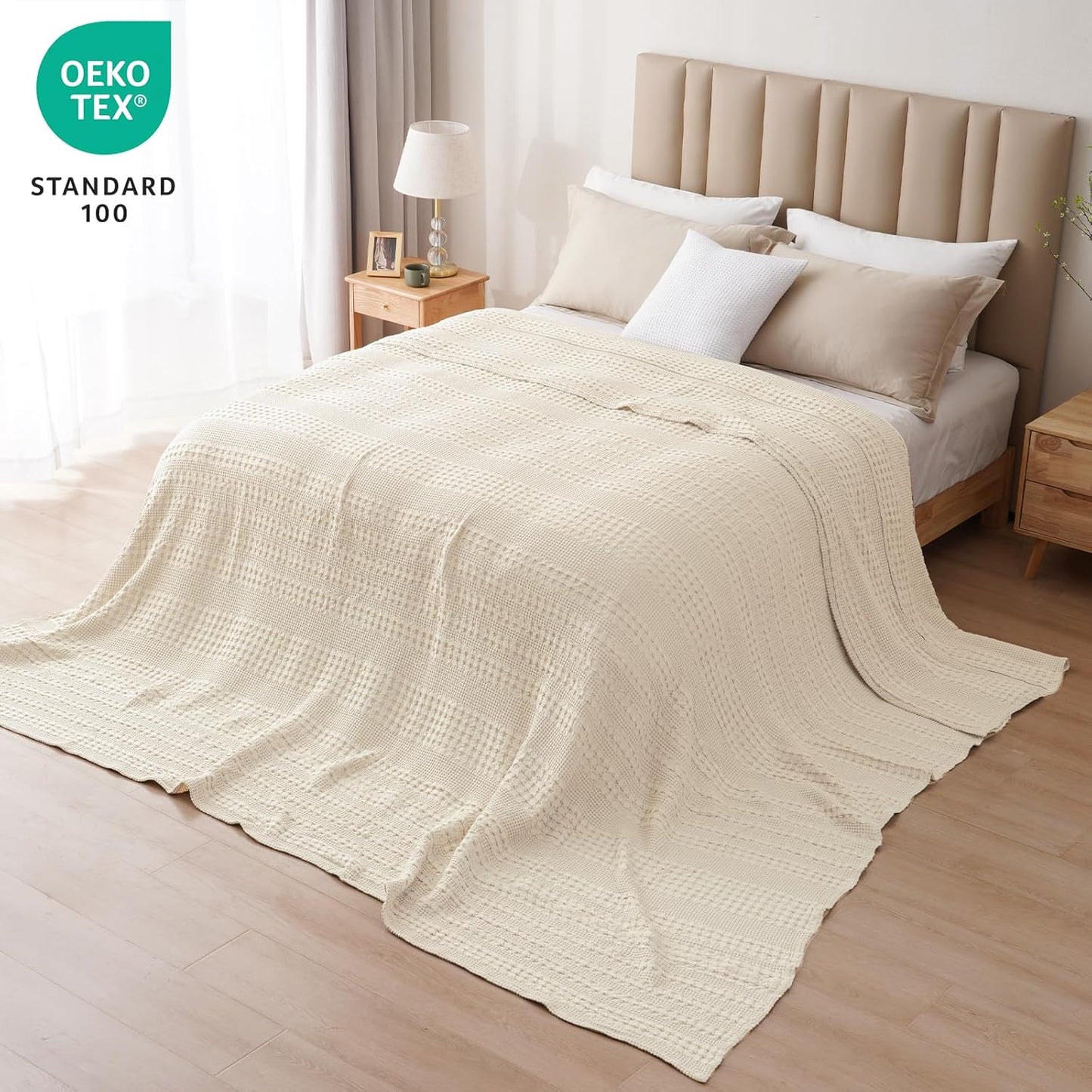 PHF 100% Cotton Waffle Blanket Oversized King 120"x120", Lightweight Breathable Extra Large 10'x10' Blankets for Bed, Giant Big Luxury Aesthetic Woven Bedding for Home Decor, Natural