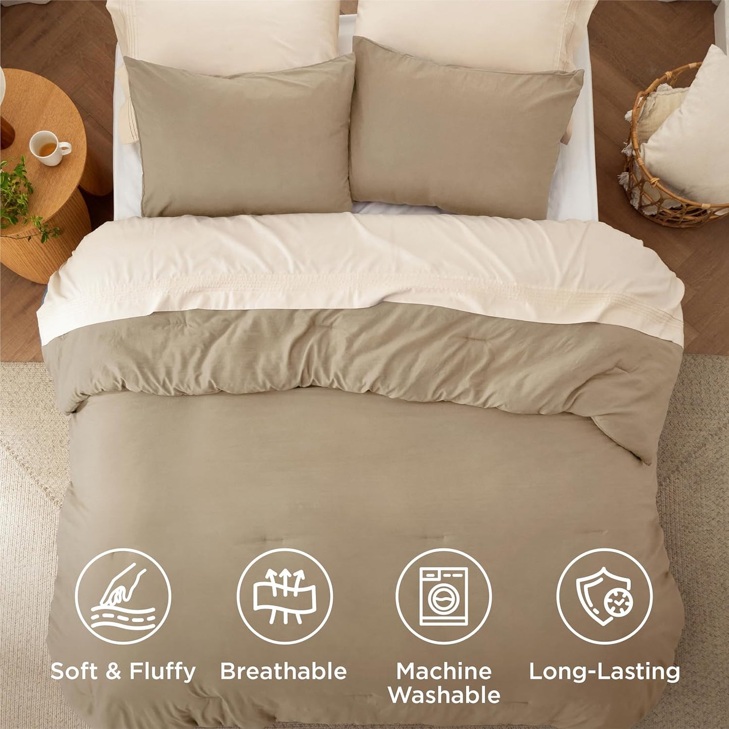 Bedsure California King Size Comforter Set, Khaki Soft Prewashed Bedding for All Seasons, 3 Pieces GentleSoft™ Down Alternative Bed Set, 1 Lightweight Comforter (104"x96") and 2 Pillowcases (20"x36")
