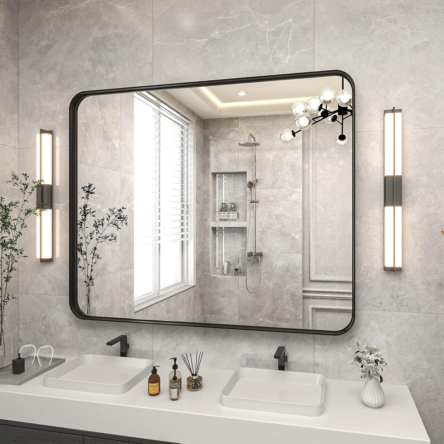 VooBang Bathroom Mirror 30x40 inch, Black Gorgeous Deep Frame Wall Mirror, Modern Round Corner Bathroom Vanity Mirror for Bedroom, Living Room, Hanging or Leaning Horizontal or Vertical, Black