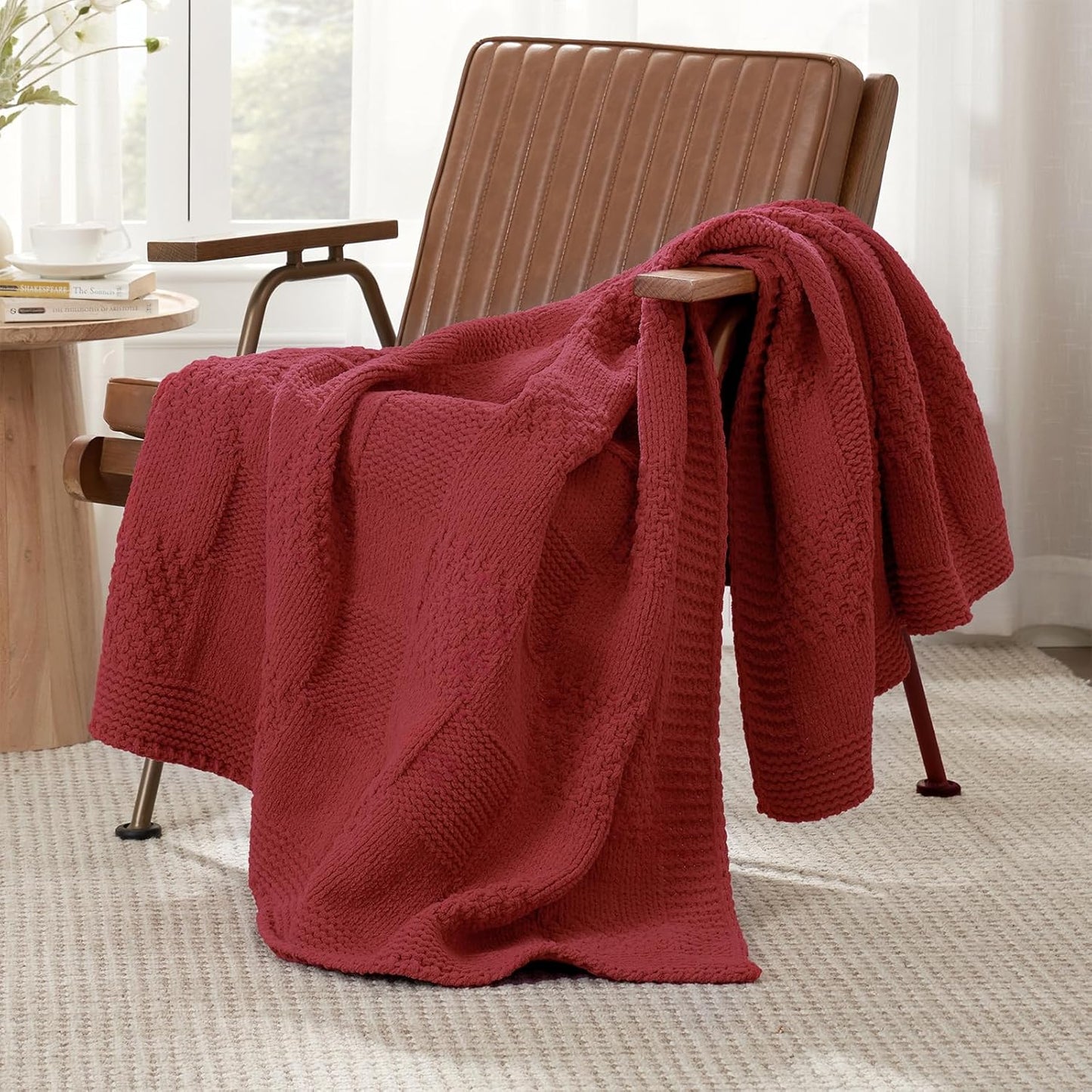 Amélie Home Checkered Chenille Knit Throw Blanket for Couch, Classic Texture Decorative Soft Blanket for Sofa, Chair & Bedroom, 50"x60", Red