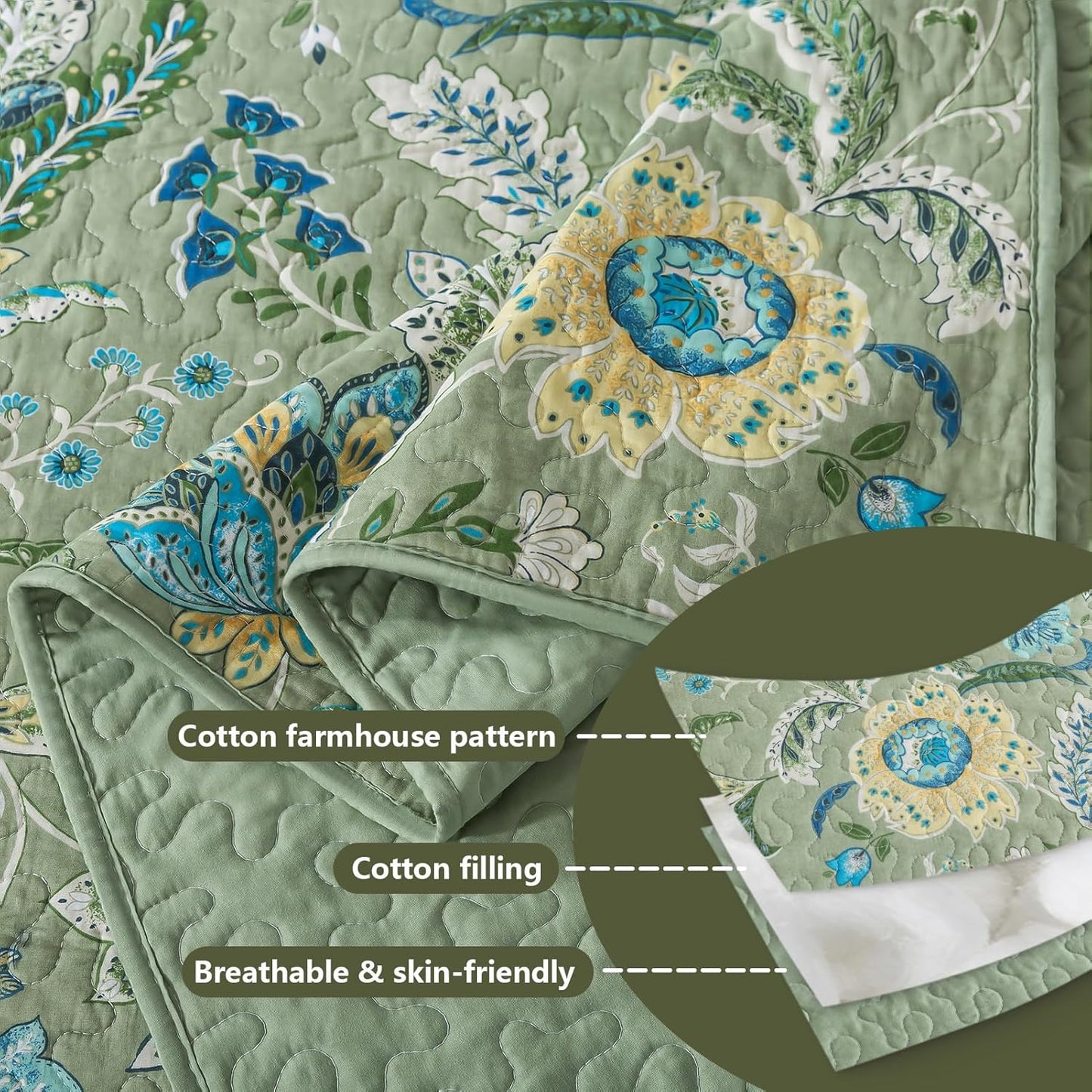 BEDIFANY California King Quilt Bedding Set - Cotton Lightweight Bedspread with Floral Pattern, 108x118 Inch All Season Oversized King Size Coverlet Set, 3 Piece (Quilt + 2 Pillow Shams)