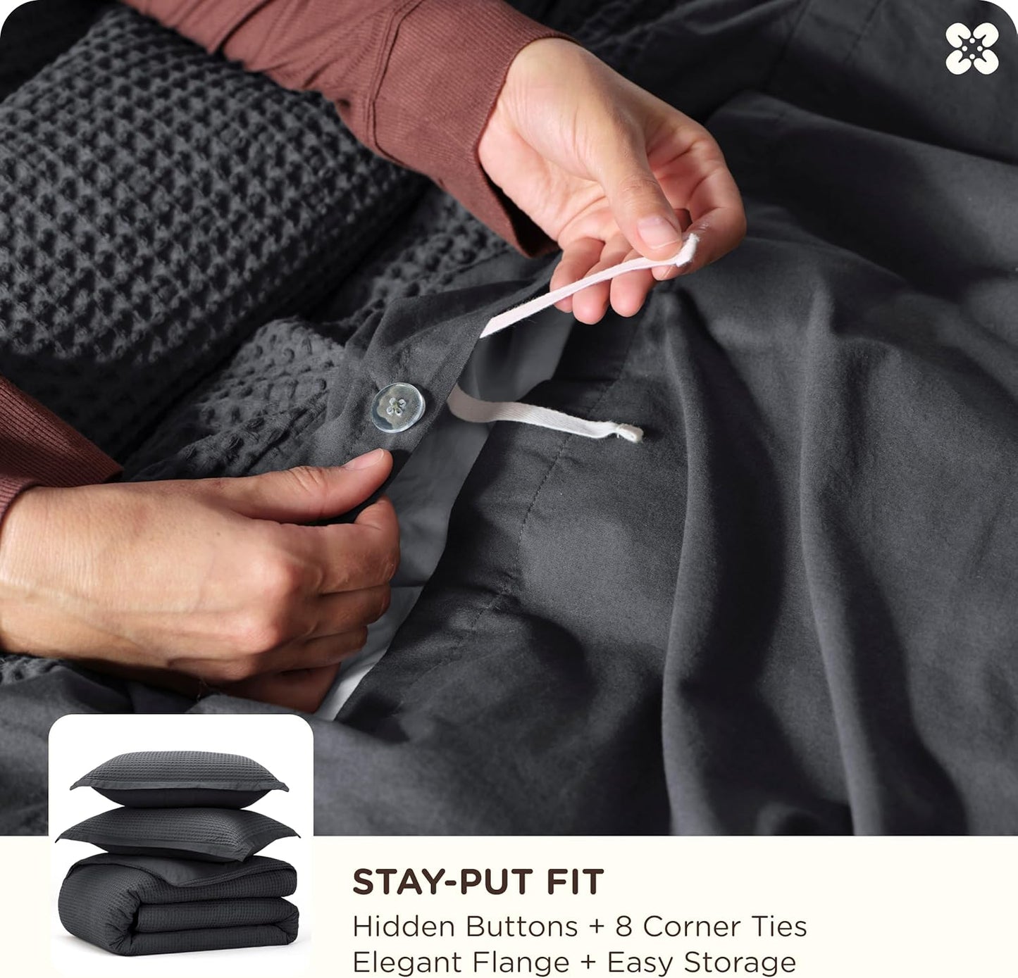 Bedsure Cotton Duvet Cover King - 100% Cotton Waffle Weave Charcoal Duvet Cover King Size, GentleSoft™ and Breathable Bedding Set for All Season, 3 Pieces, 104"x90"
