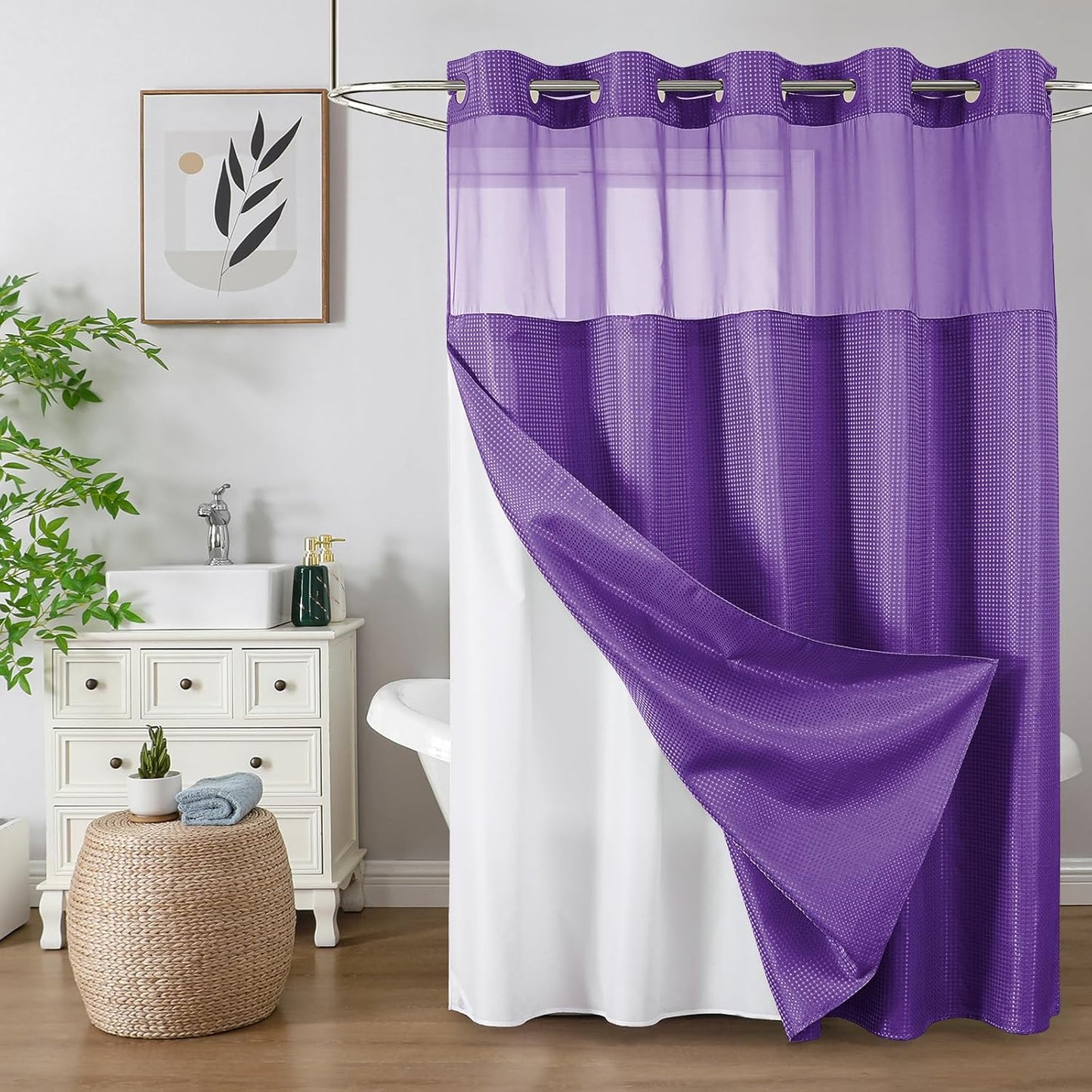 Colorful Star No Hook Shower Curtain with Snap in Fabric Liner, Waffle Weave Heavy Duty Thick Shower Curtains with Mesh Top Window, Hotel Style Waterproof Bathroom Curtain Set, 72 x 75 Inch, Purple