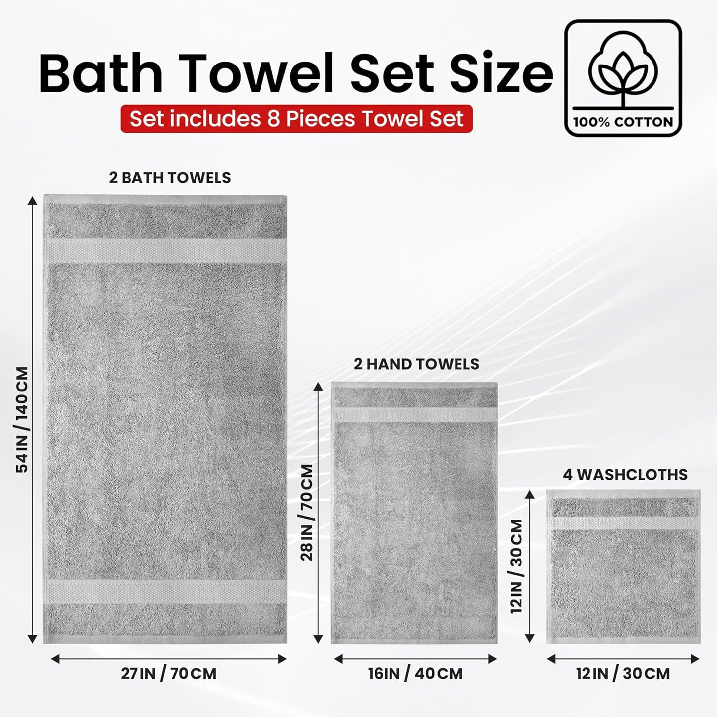 Infinitee Xclusives Luxury 100% Cotton Towel Set – 8 Piece Bathroom Towel Set (2 Bath Towels, 2 Hand Towels, 4 Washcloths) – Soft & Absorbent Towels for Bathroom (Charming Grey)