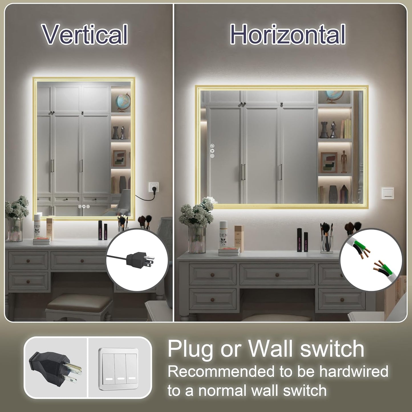20x28 Inch Gold LED Bathroom Mirror, Front and Backlit Controlled Separately, Lighted Bathroom Vanity Mirror, 3000K/4500K/6000K, Wall Mounted, Dimmable, Anti-Fog, Horizontal/Vertical