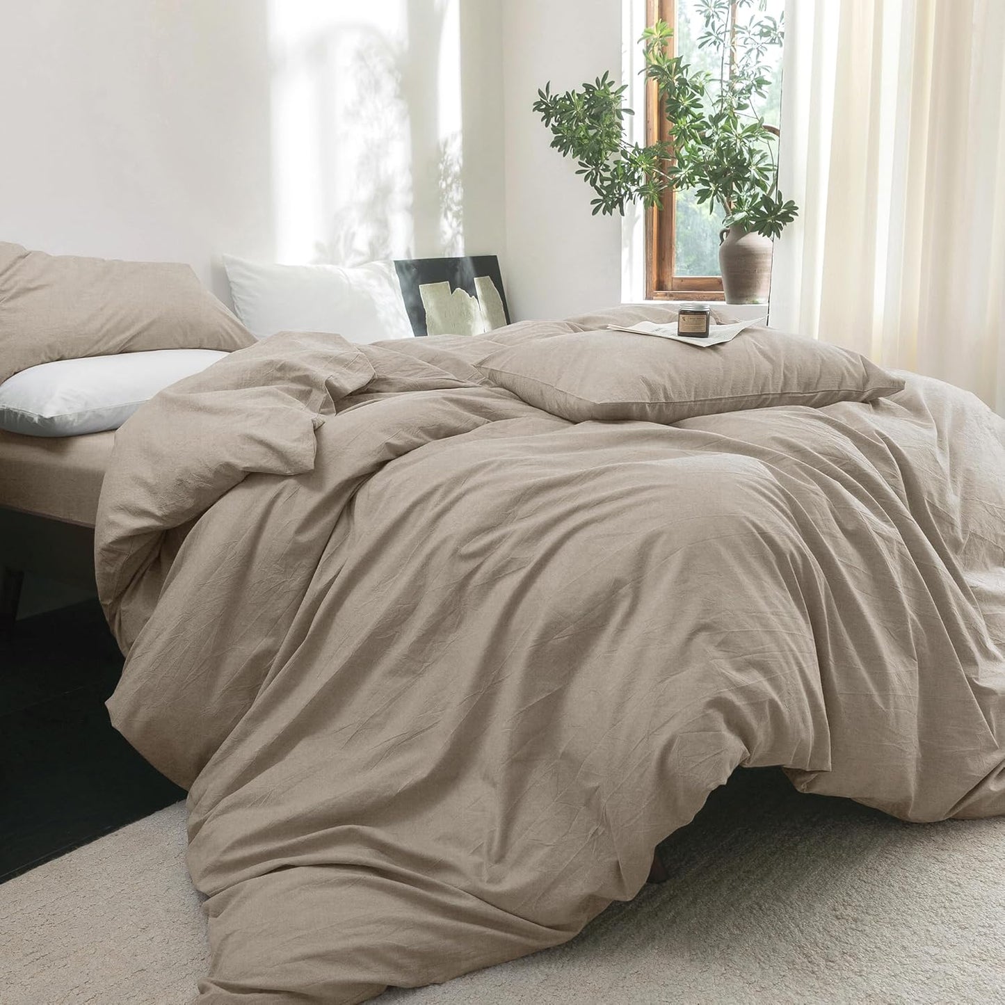 FOSSA Duvet Cover Set 100% Washed Cotton Linen Feel Super Soft Breathable Cozy 3 Pieces Bedding Sets Solid Tannish Linen Grey Super King