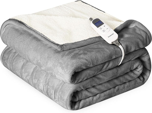 Heat Blanket 50”x60” Throw,Soft Flannel & Sherpa Reversible Electric Blanket with 10 Heat Settings,12 Timer Setting and 3 Hours Auto-Shut Off,ETL Certified Machine Washable,Light Grey