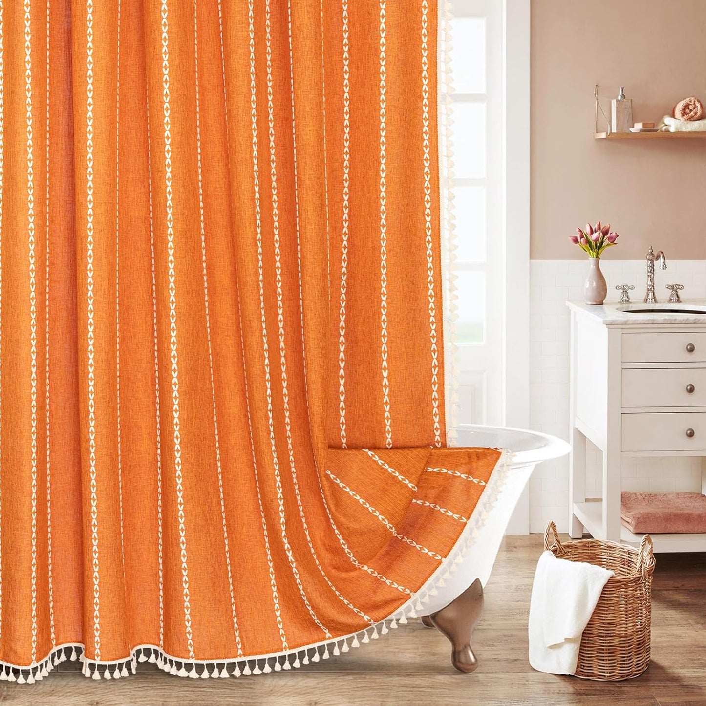 MitoVilla Orange Boho Fabric Shower Curtain, Modern Farmhouse Polyester Linen Shower Curtains for Vintage Rustic Bathroom Decor, Country Tassel Thick Cloth Shower Curtain, 72 x 72