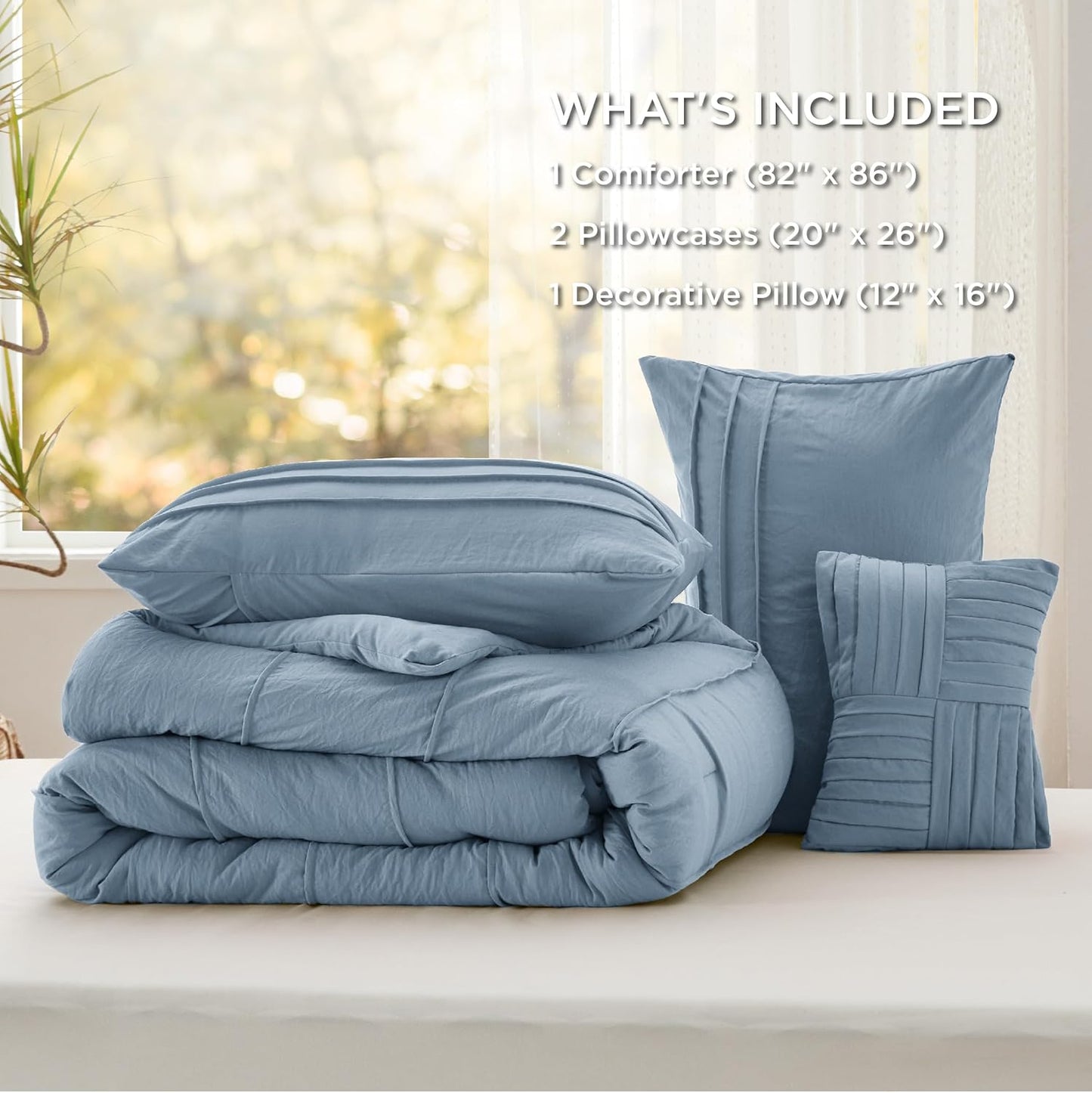 Bedsure Full Comforter Set - 4 Pieces Pinch Pleat Bed Set, Light Blue Boho Bedding for All Season, 1 Soft Comforter, 2 Pillowcases, 1 Decorative Pillow