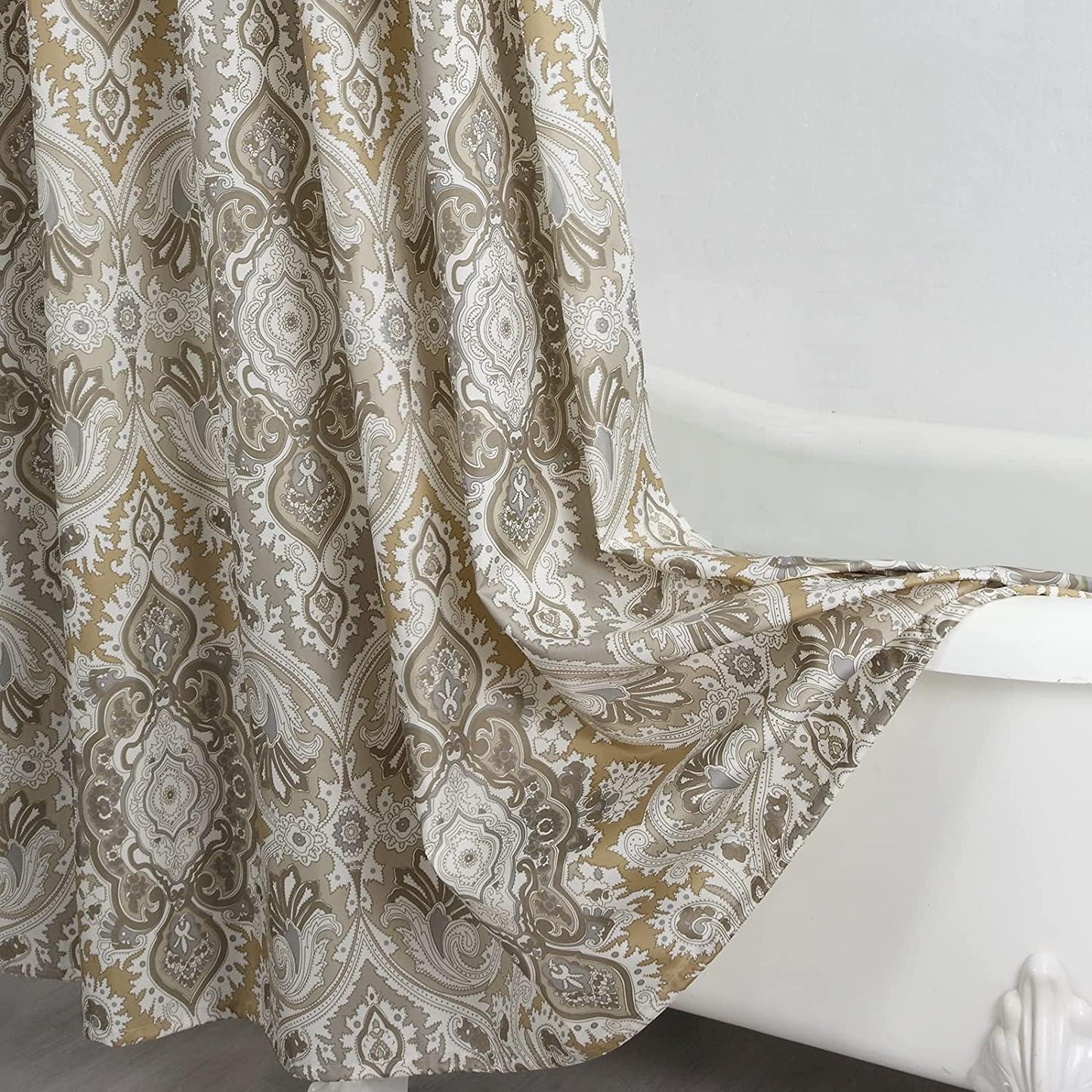 Stall Fabric Shower Curtain, Beige and Grey Printed Boho Paisley Damask Pattern Shower Curtains for Bathroom, Waterproof Bathroom Curtains, 54" W x 72" H
