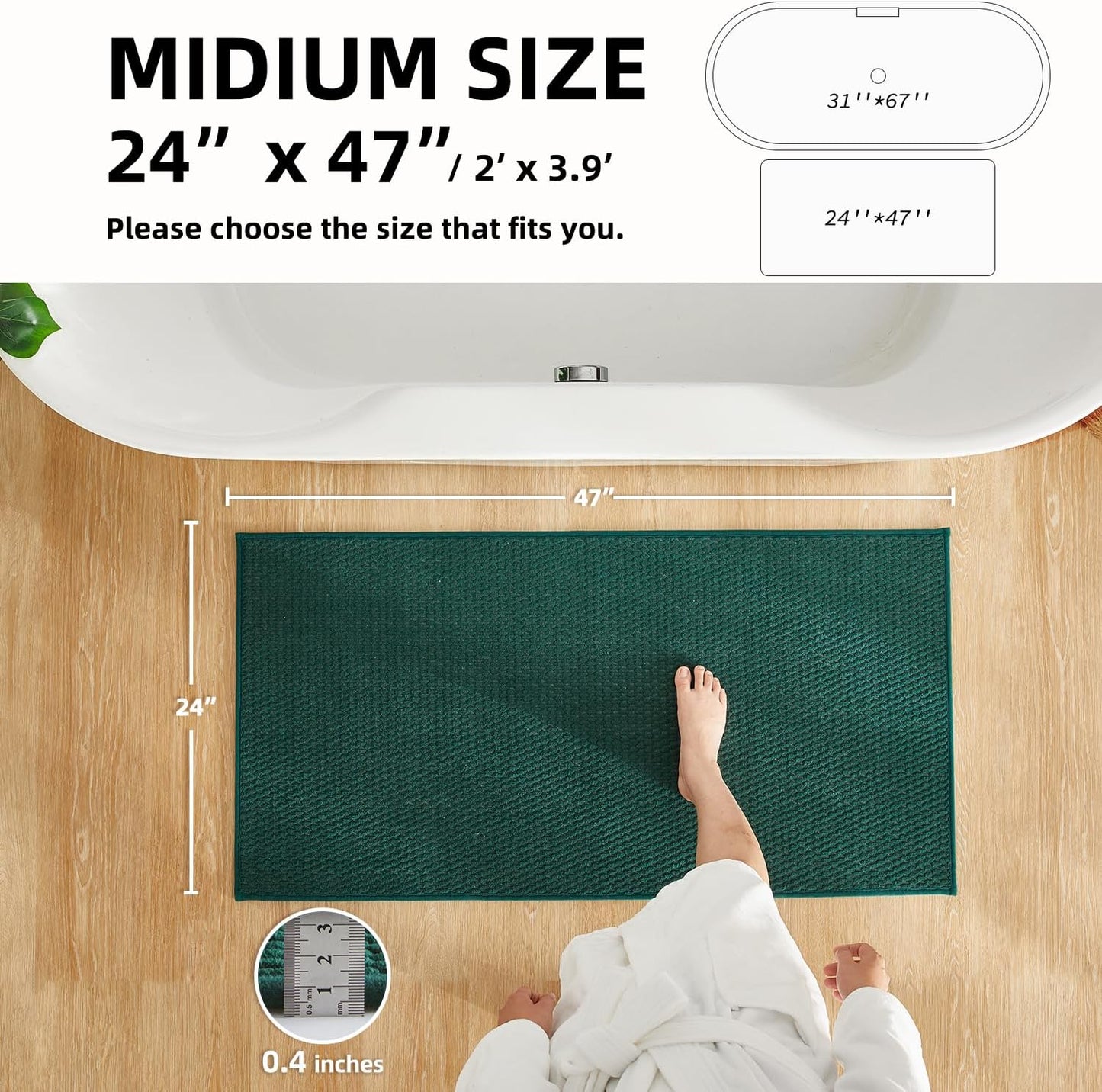 Bathroom Rugs Non Slip Washable, Super Absorbent Thin Bath Mat Quick Dry Low Pile Bathroom Rug, Dark Green 24"x47"