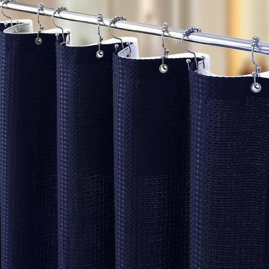 3 in 1 Shower Curtain Set, Waffle Shower Curtain and Liner Set with 12 Double Sided Shower Curtain Hooks, 258GSM Luxury Weighted Cloth Shower Curtains for Bathroom, 72 W x 84 H, Navy Blue