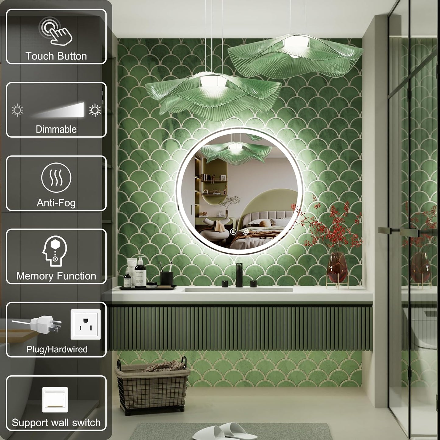 20 Inch Round LED Bathroom Mirror,Front & Backlit Lighted Bathroom Vanity Mirror, 6000K, CRI 90+, Dimmable, Touch, Anti-Fog