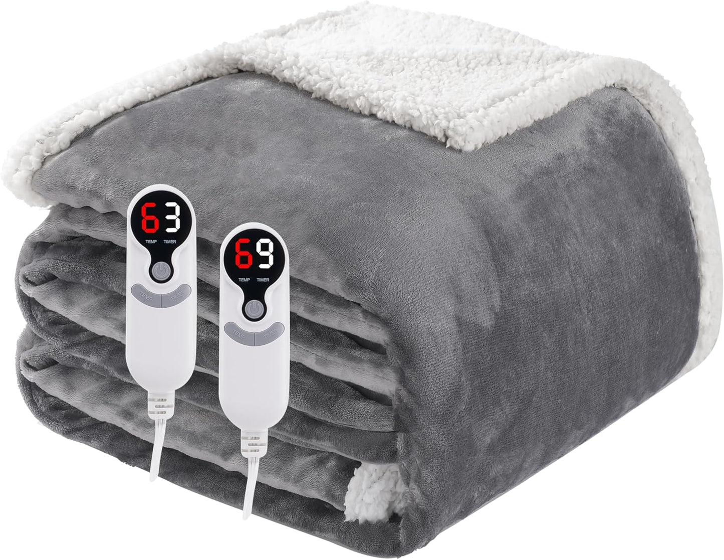 Electric Heated Blanket Queen Size 84"x90", Soft Flannel with Dual Controllers & Overheat Protection, 6 Adjustable Heat Settings & 10-Hour Auto-Off Timer, Fast Heating for Winter Comfort, Light Gray