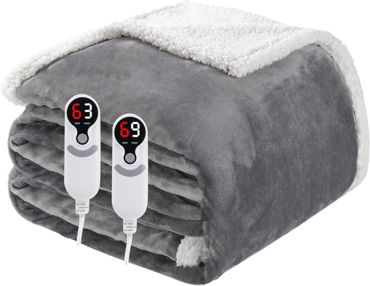 Electric Heated Blanket Queen Size 84"x90", Soft Flannel with Dual Controllers & Overheat Protection, 6 Adjustable Heat Settings & 10-Hour Auto-Off Timer, Fast Heating for Winter Comfort, Light Gray