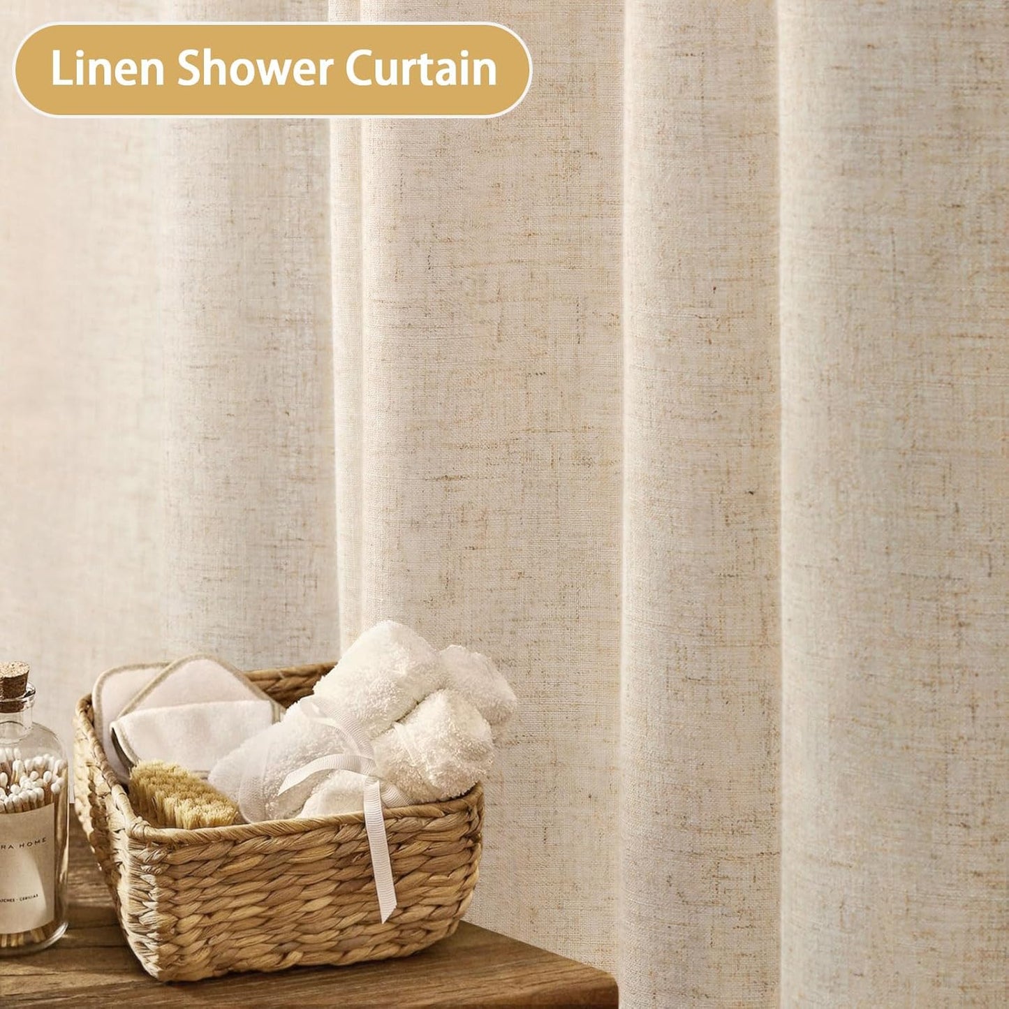 YellyHommy No Hook Linen Shower Curtain with Snap in Liner Set Less Time, Hotel Beige Shower Curtain for Bathroom Fabric with Mesh Top Window, Extra Long 87" L x 72" W