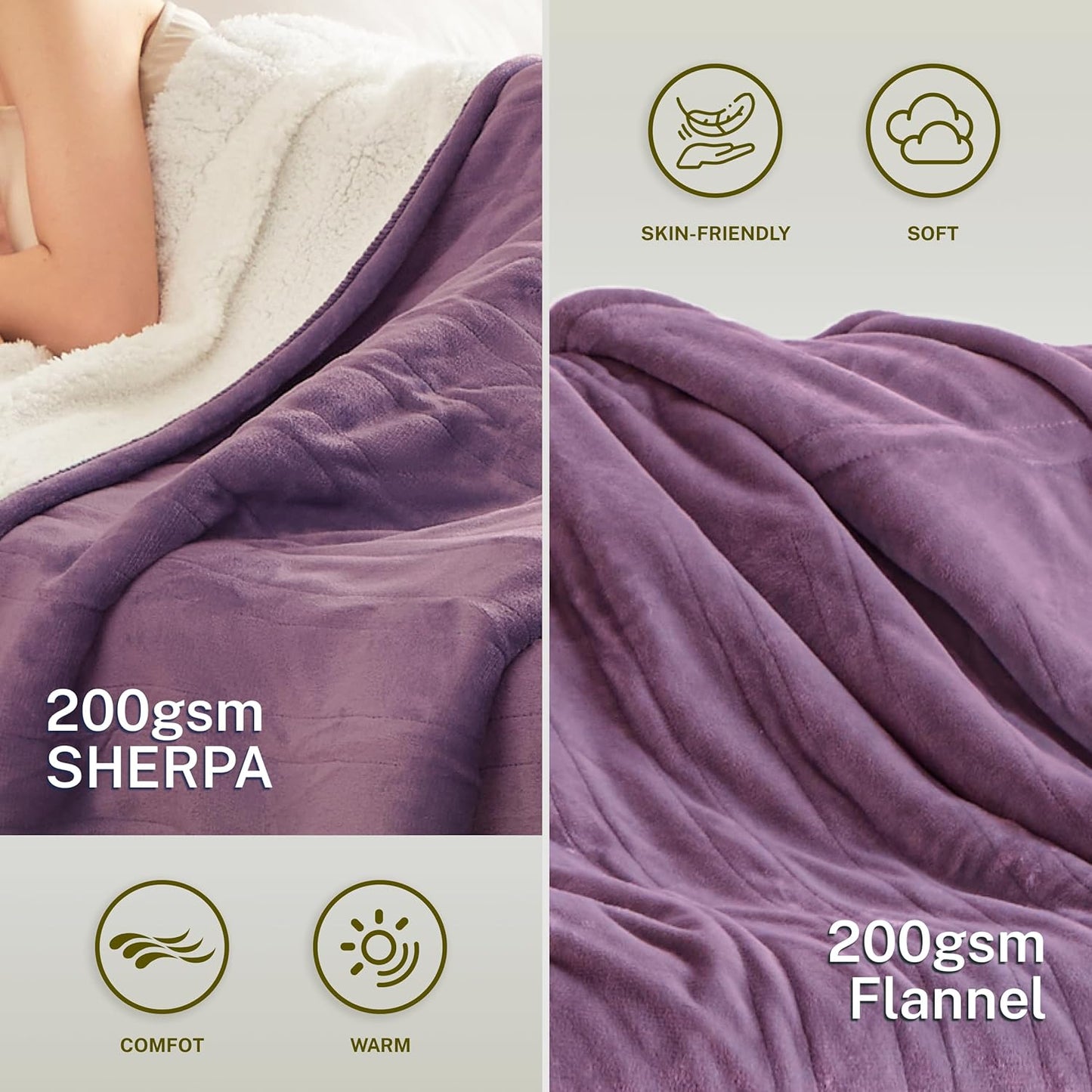 Heat Blanket 62”x84” Twin Size,Soft Flannel & Sherpa Reversible Electric Blanket with 10 Heat Settings,12 Timer Setting and 8 Hours Auto-Shut Off,ETL Certified Machine Washable,Purple