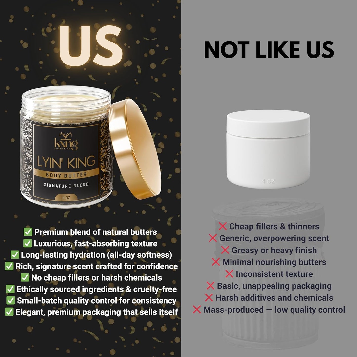 KXNG Cosmetics, Body Butter, Organic Skin Care for Men and Women, Body Moisturizer Lotions and Creams, Raw Shea Butter, Cocoa Butter, Mango, Coconut Oil, Hand, Foot, All Skin Types (Lyin’ King)