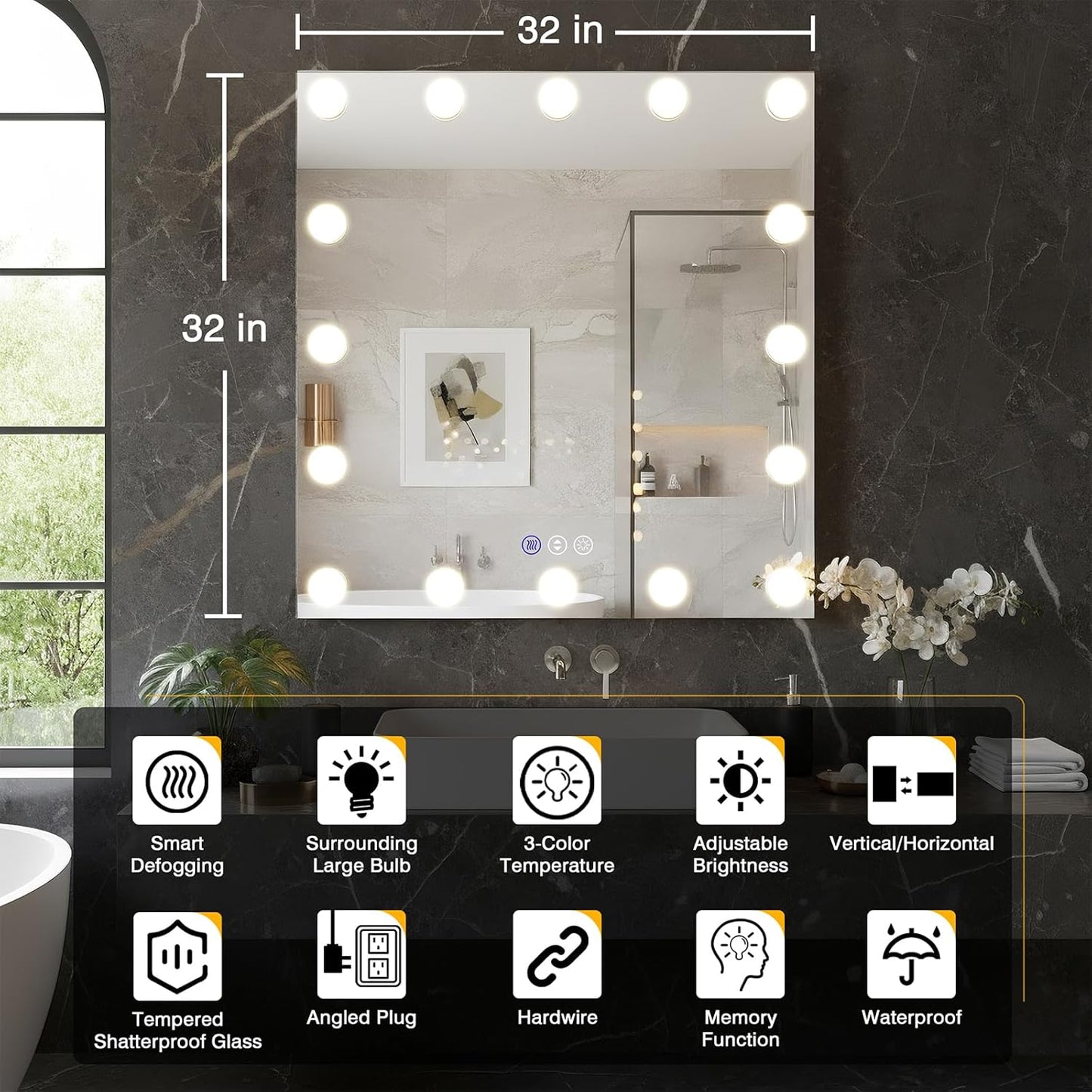 32x32 Hollywood LED Bathroom Mirror with LED Bulbs, Colors Changeable & Brightness Dimmable, Anti-Fog Mirror, Shatter-Proof, Memory, Touch Screen Mirror, Wall Mounted, Horizontal/Vertical