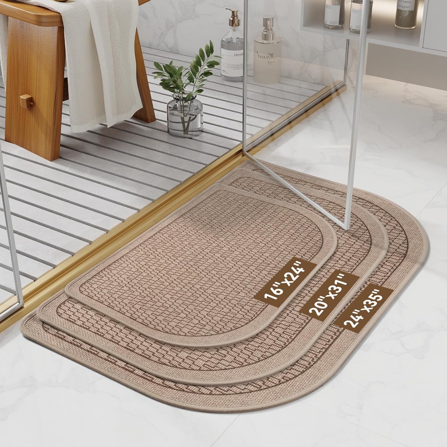 Bathroom Rugs Mat 16x24, Ultra Thin Quick Dry Absorbent Non Slip Bath Mat, Bath Mats for Bathroom Mat Carpet Fit Under Door, Woven Washable Floor Rubber Half Round Bath Rugs, Brown