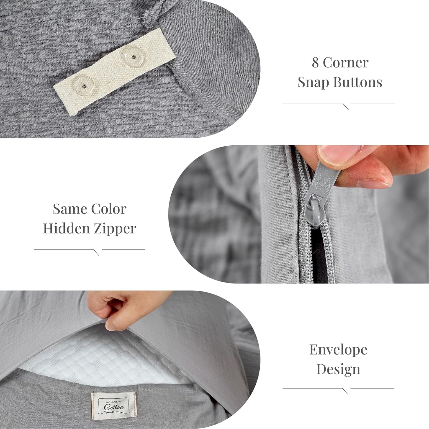 Gray Duvet Cover Queen Size, 100% Sandwashed Cotton Soft Queen Duvet Cover Set 3 Pieces with Zipper Clousre & Corner Buttons (Gray, Queen 90 x 90)